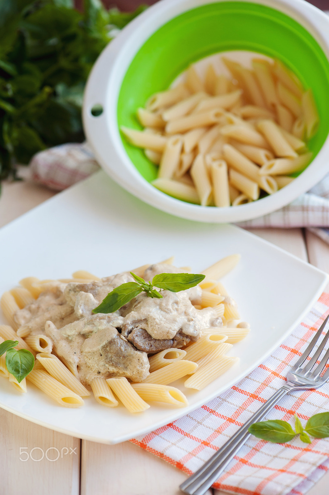 Nikon D700 sample photo. Penne pasta with meat and white sauce on a plate photography