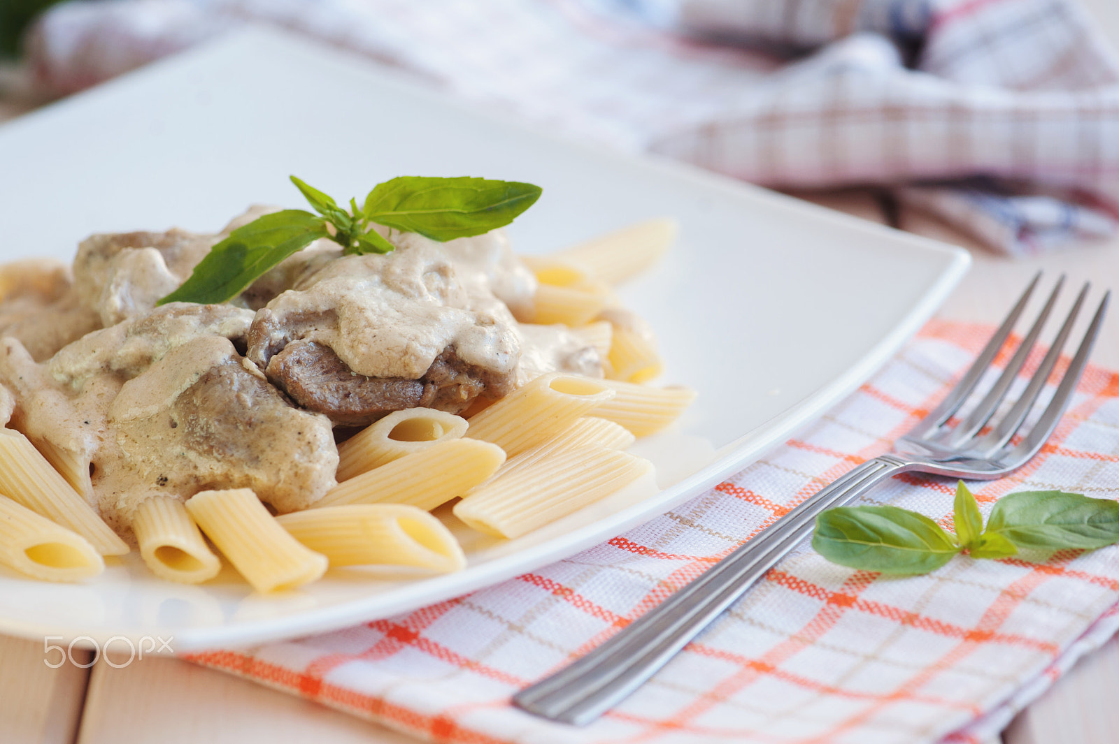 Nikon D700 sample photo. Penne pasta with meat and white sauce on a plate photography