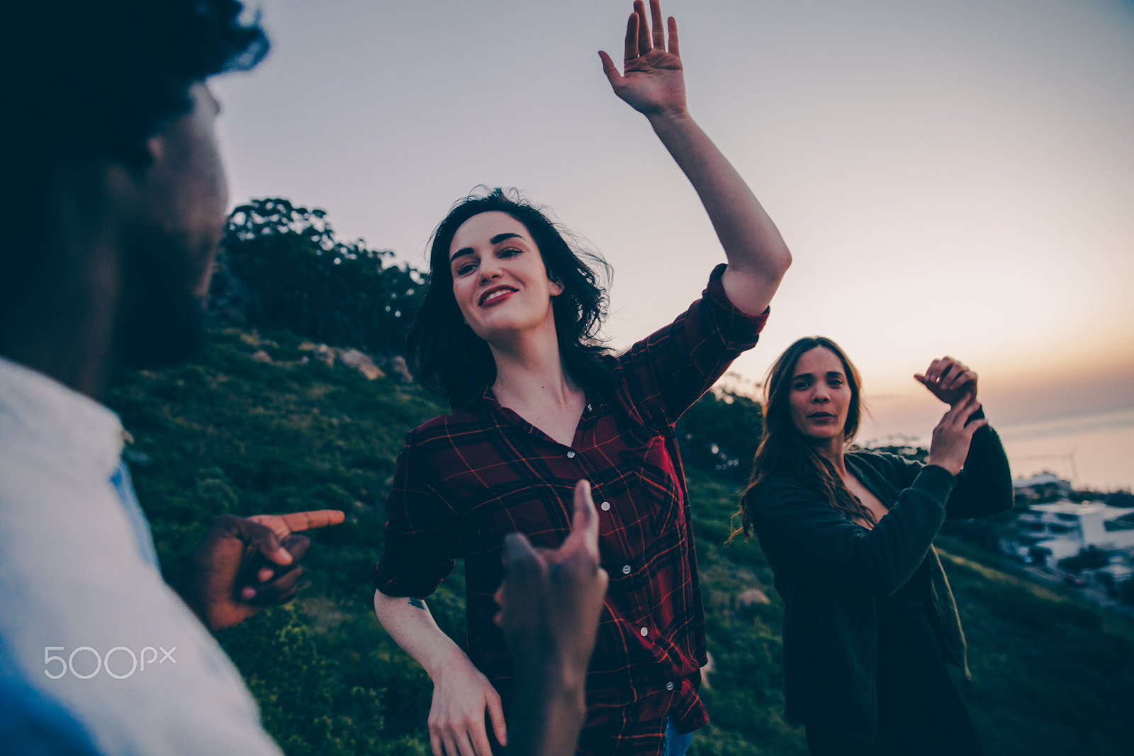 Canon EOS 5DS sample photo. Group of young adult hipster friends dancing in sunset photography