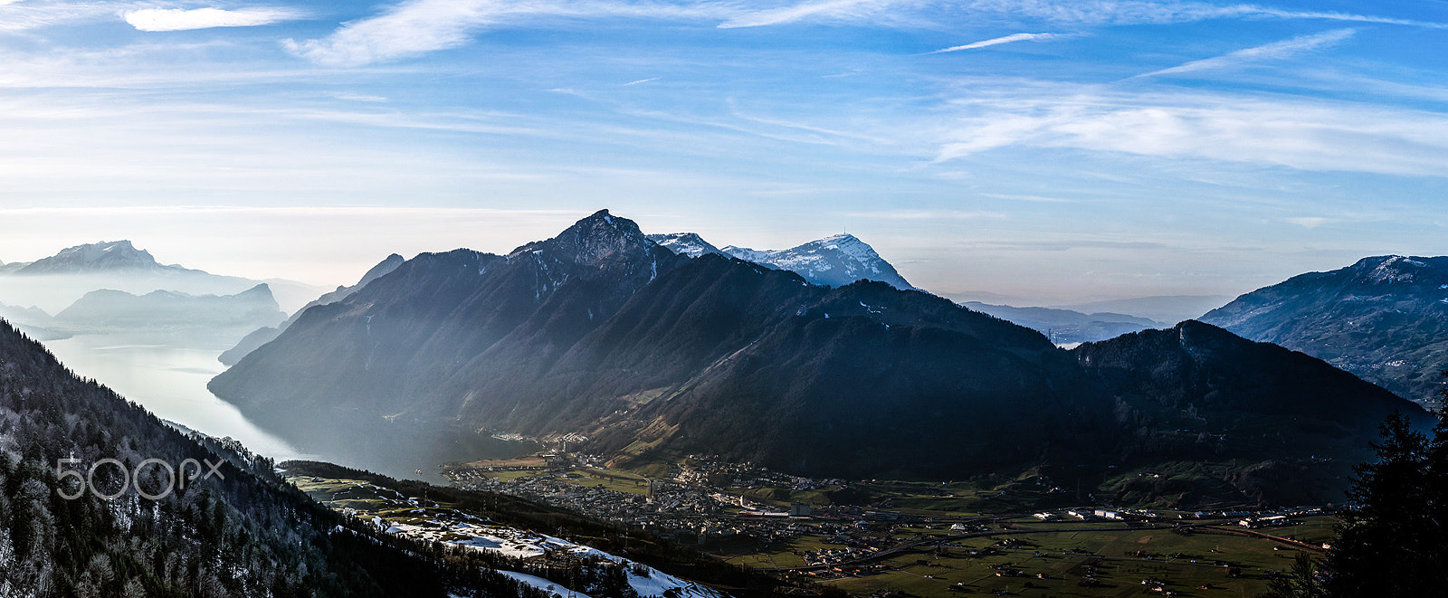 Sony a99 II sample photo. Sunset over luzern lake. switzerland. wide-angle hd-quality pano photography