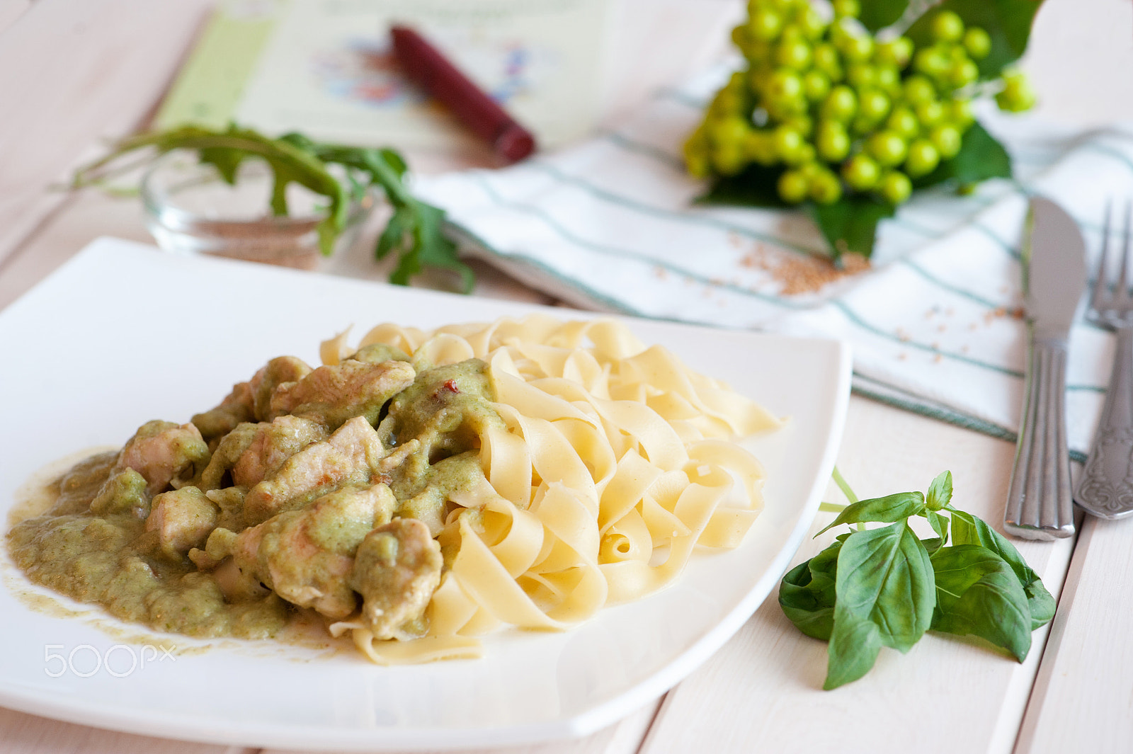 Nikon D700 sample photo. Fettuccine and chicken with fresh basil and pesto in a white plate photography
