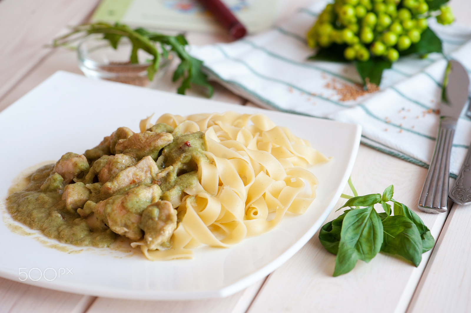 Nikon D700 sample photo. Fettuccine and chicken with fresh basil and pesto in a white plate photography