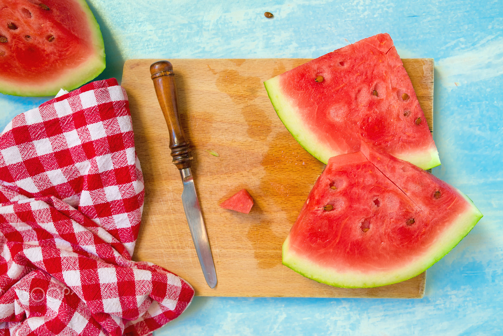 Nikon D600 sample photo. Watermelon slices on cutting board, top view photography