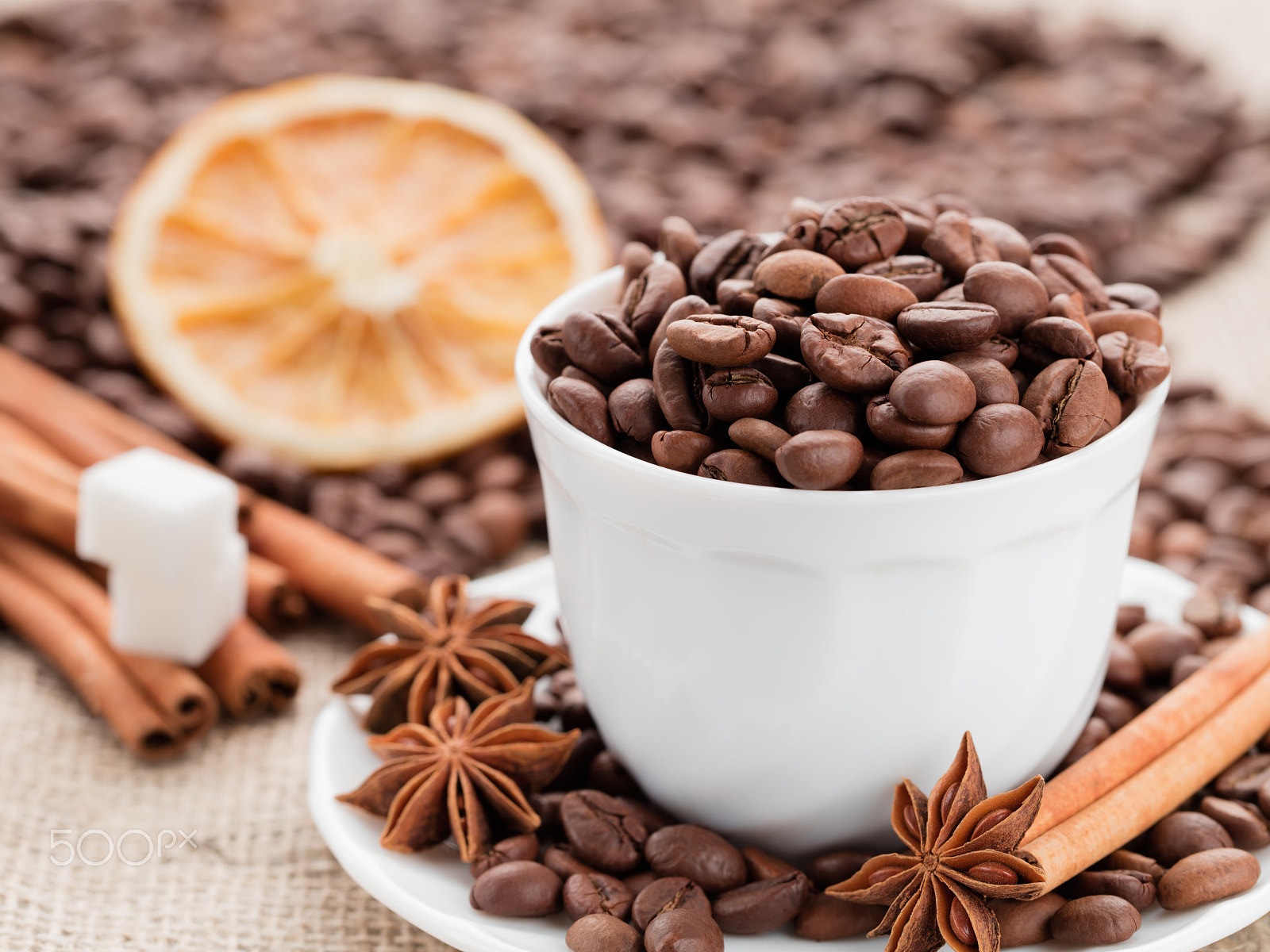 Canon EF 100mm F2.8L Macro IS USM sample photo. Grains coffee in cup. cinnamon and anise on a dish. dried lemon photography