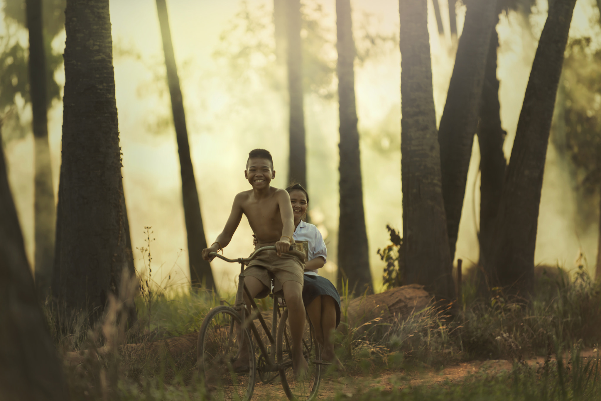 Nikon D610 sample photo. Happy kids with bike standing on the road at the day time. concept brother and sister together... photography