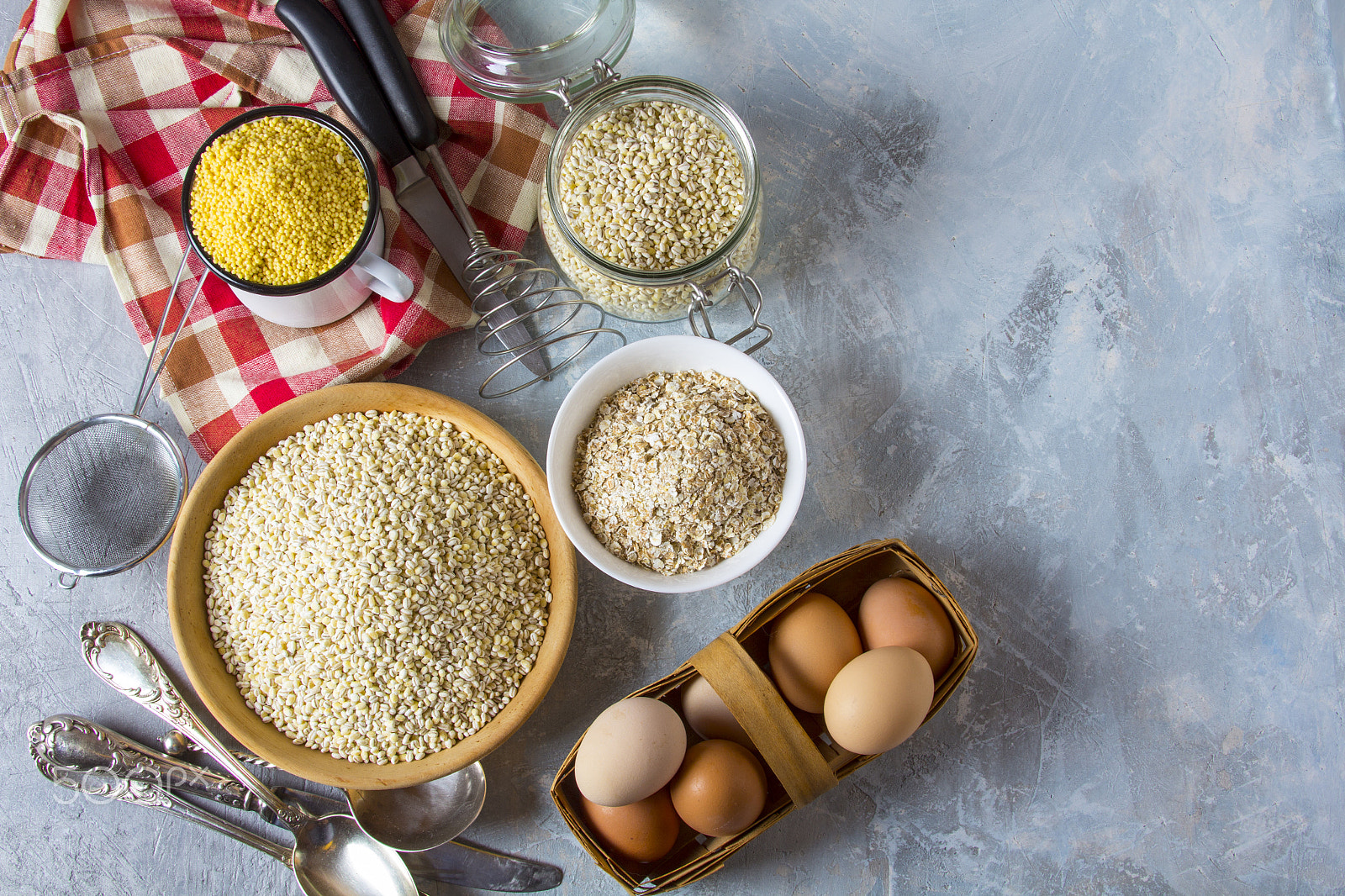 Canon EOS 60D + Canon EF 28-135mm F3.5-5.6 IS USM sample photo. Grain porridge eggs kitchen tools photography