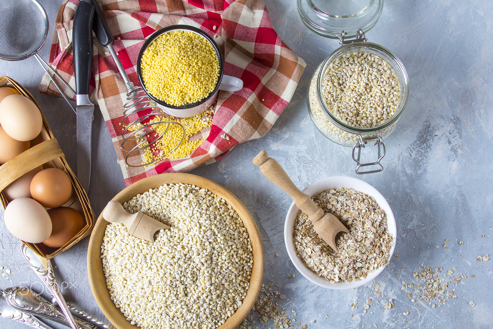 Canon EOS 60D + Canon EF 28-135mm F3.5-5.6 IS USM sample photo. Grain porridge eggs kitchen tools photography