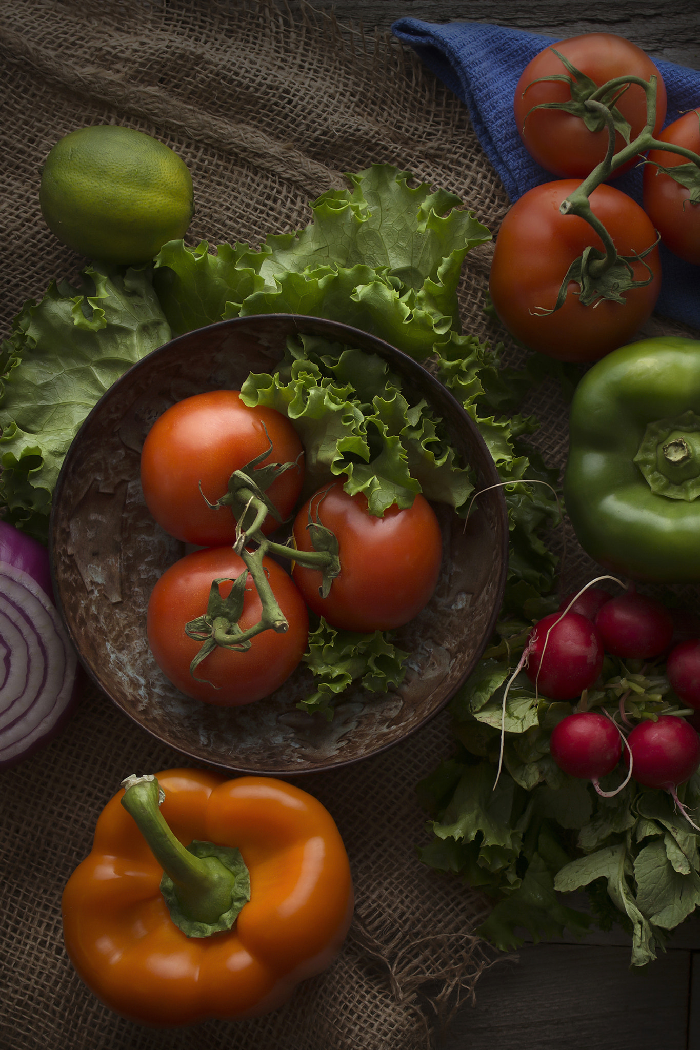 Nikon AF-S Nikkor 28-70mm F2.8 ED-IF sample photo. Colorful vegetables on burlap and wood photography