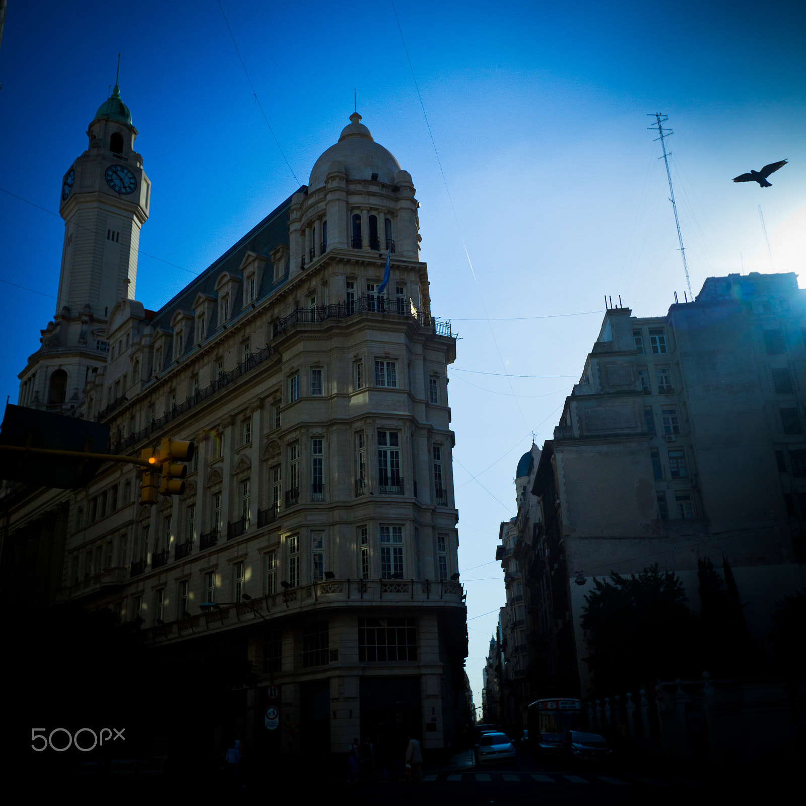 Canon EF 16-35mm F2.8L II USM sample photo. Bird flying in sky above old buildings photography
