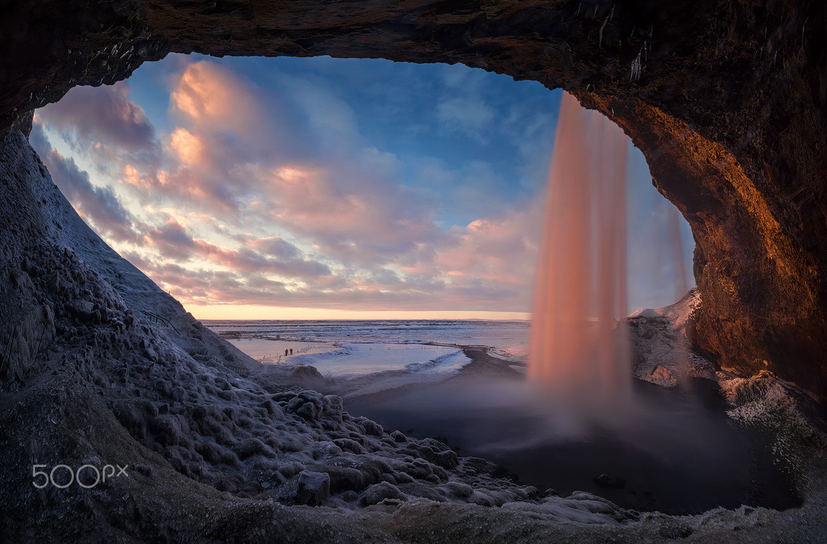 Sony a7R sample photo. Seljalandsfoss from inside photography