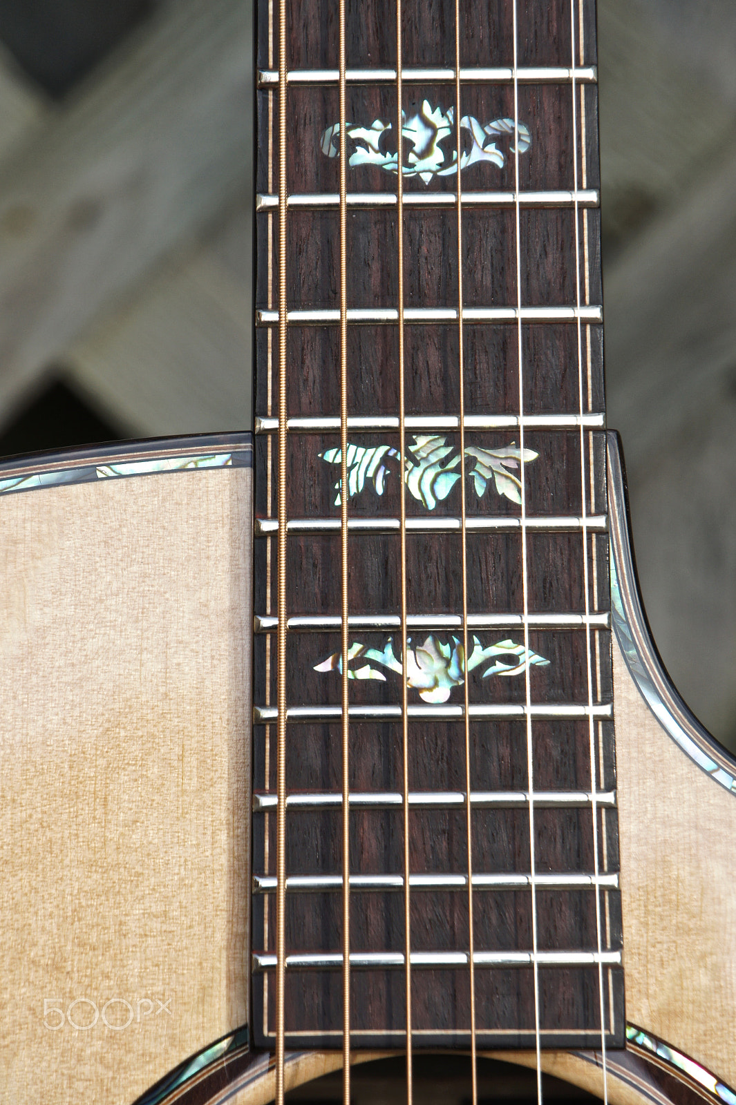 Sony E 18-200mm F3.5-6.3 OSS sample photo. Leclair custom acoustic guitar, neck inlay detail photography