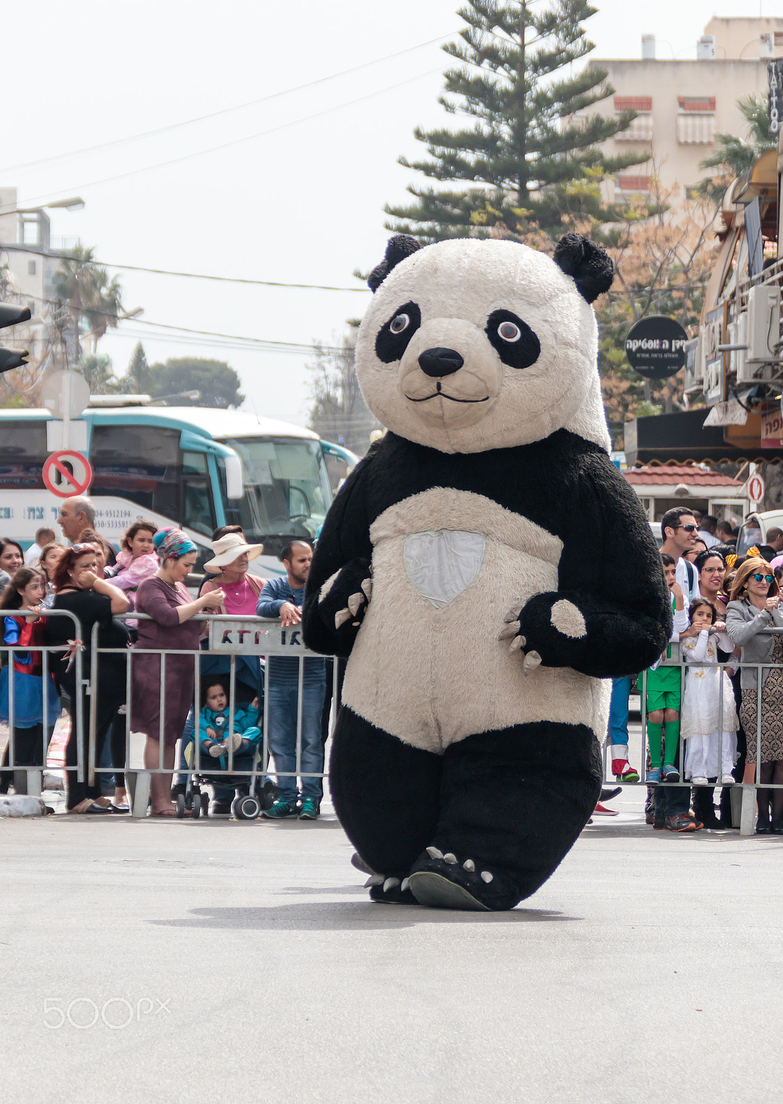 Canon EOS 80D + Canon EF 75-300mm F4.0-5.6 IS USM sample photo. Participant in carnival dressed as panda goes near the viewers photography