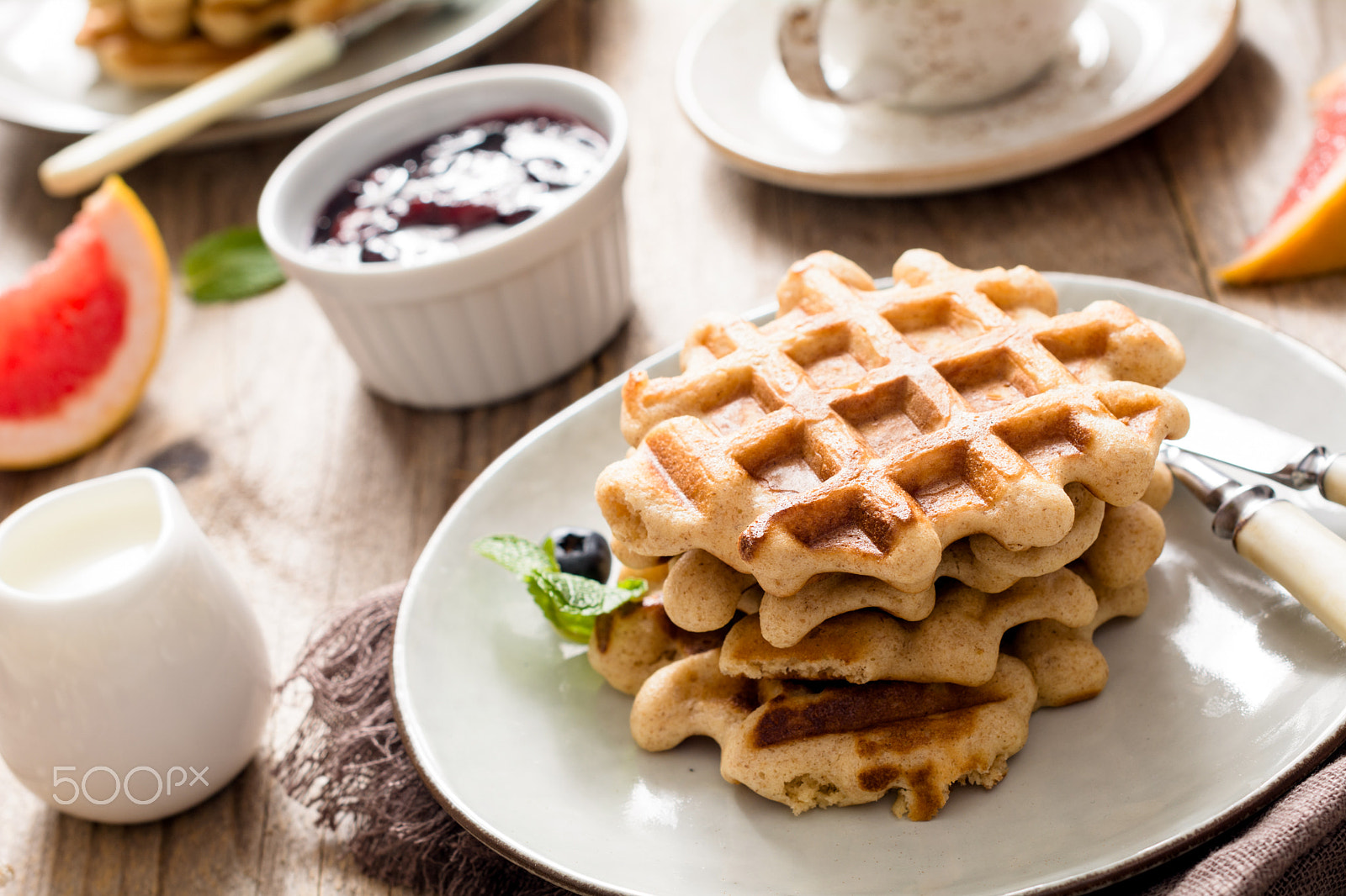Nikon D7100 + Nikon AF-S Nikkor 50mm F1.4G sample photo. Breakfast with waffles, jam and coffee photography