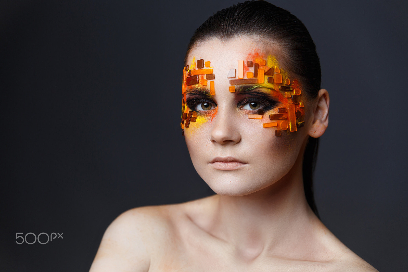 Canon EOS 6D sample photo. Girl with orange and red rhinestones on her face. photography