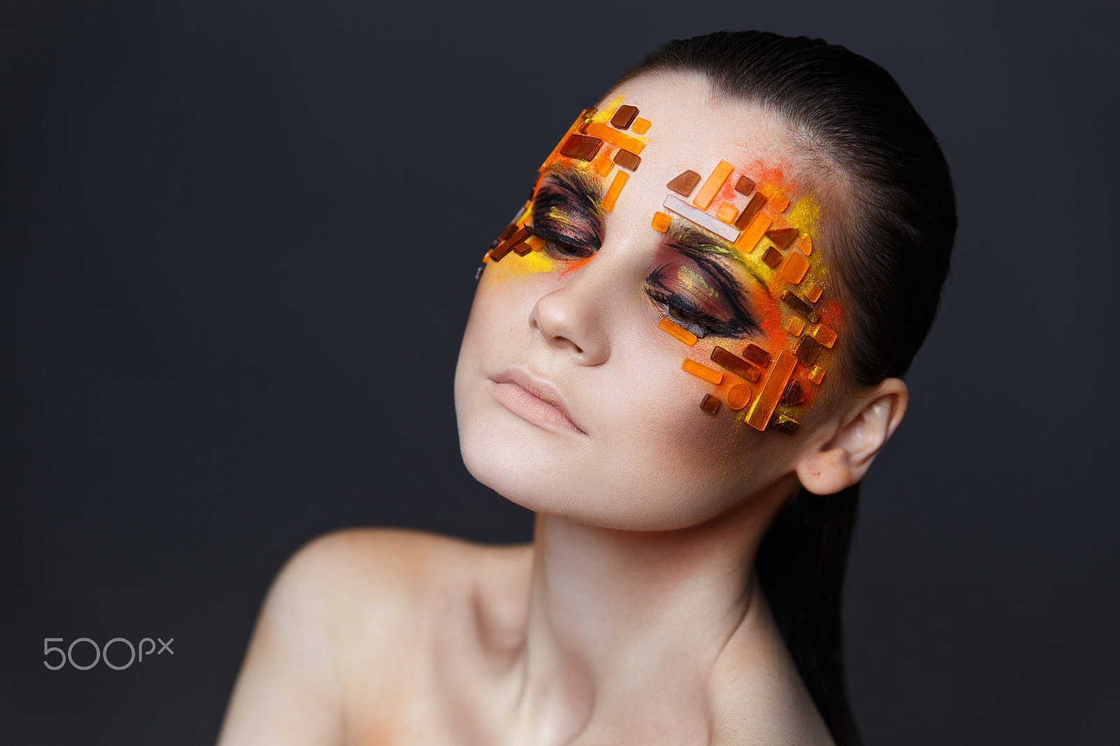 Canon EOS 6D sample photo. Girl with orange and red rhinestones on her face. photography