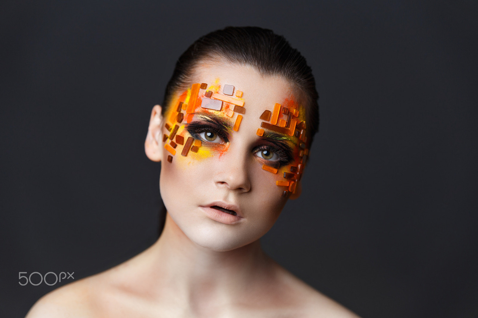 Canon EOS 6D sample photo. Girl with orange and red rhinestones on her face. photography