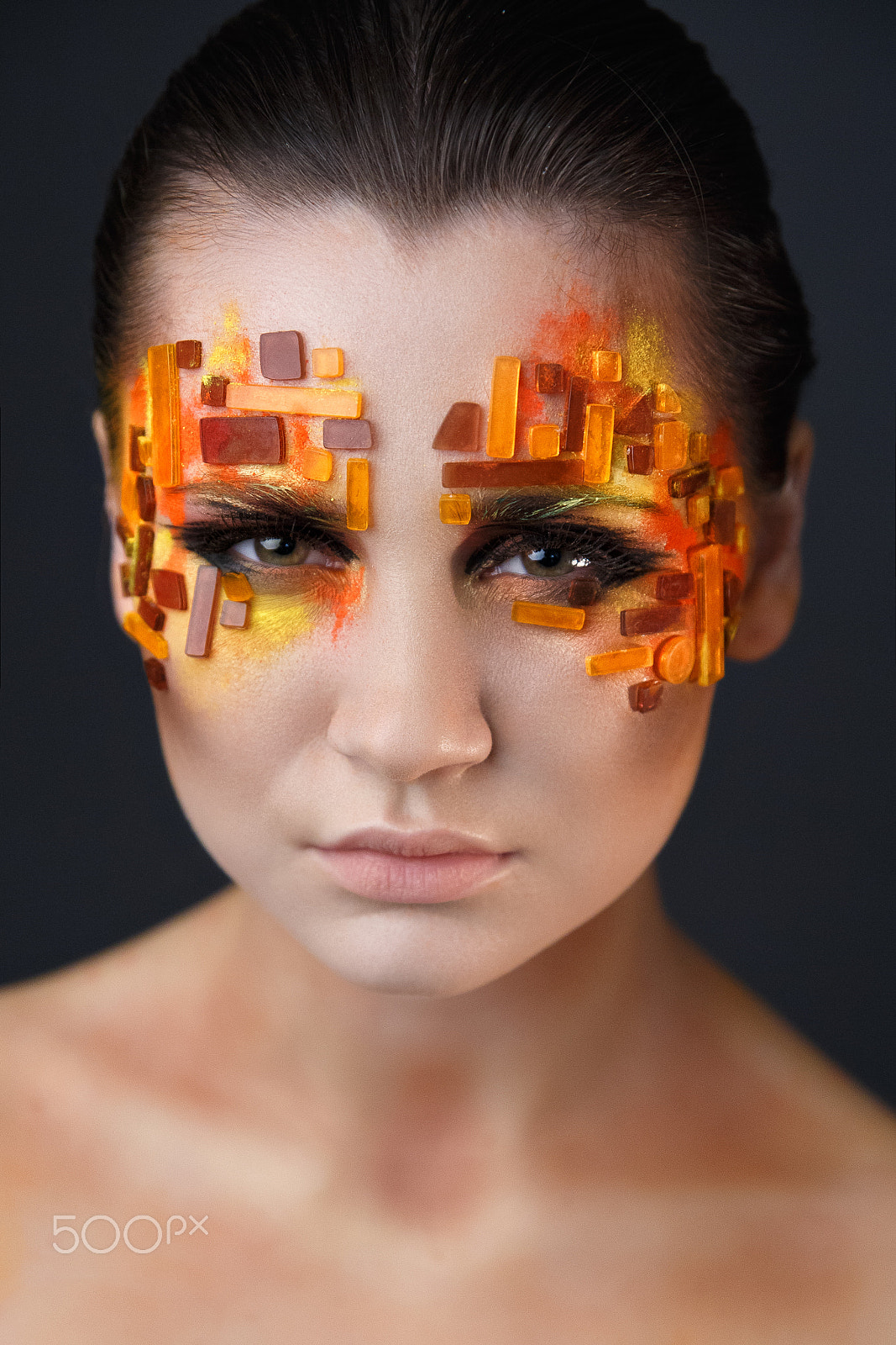 Canon EOS 6D sample photo. Girl with orange and red rhinestones on her face. photography