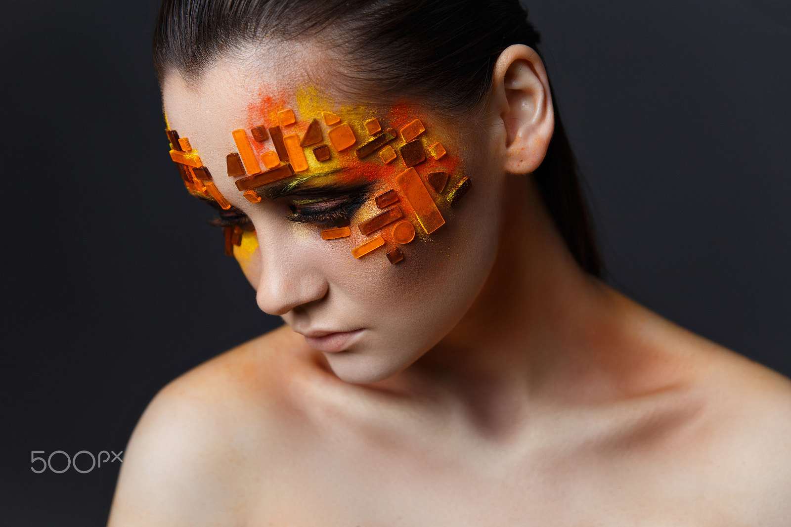 Canon EOS 6D sample photo. Girl with orange and red rhinestones on her face. photography