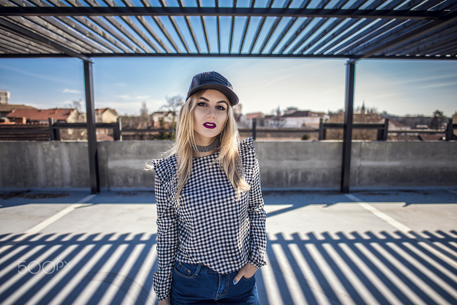 Nikon D600 + Nikon AF-S Nikkor 20mm F1.8G ED sample photo. Portrait of fashion woman wearing checkered shirt and leather cap photography