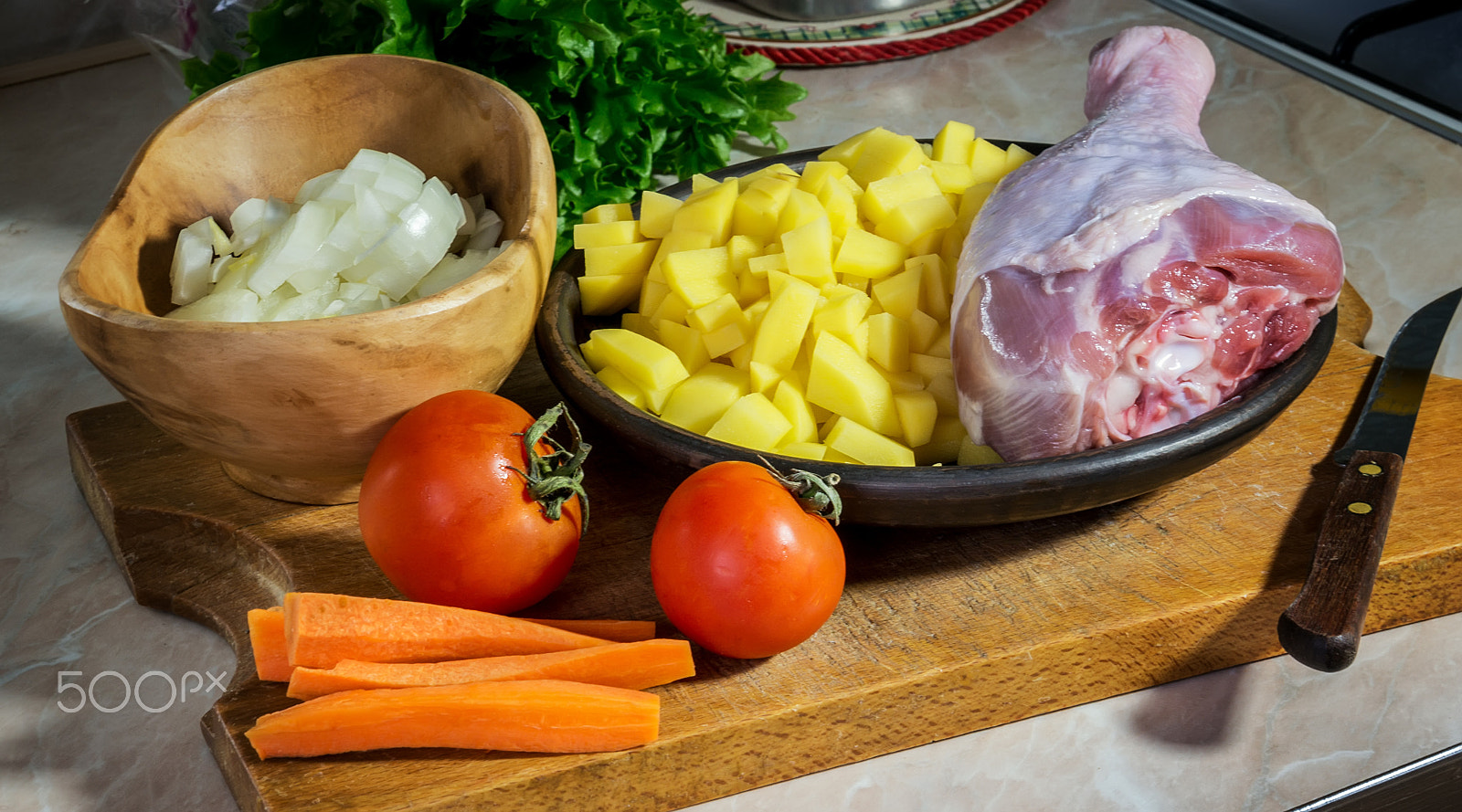 Sony Alpha NEX-6 sample photo. Vegetables - potatoes, tomatoes, onions, carrots and drumstick of a turkey prepared for cooking soup photography