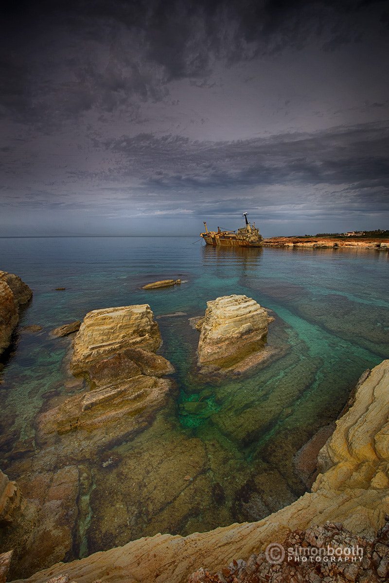 Canon EF 16-35mm F4L IS USM sample photo. Scuttled ship, and sea cave, cyprus photography