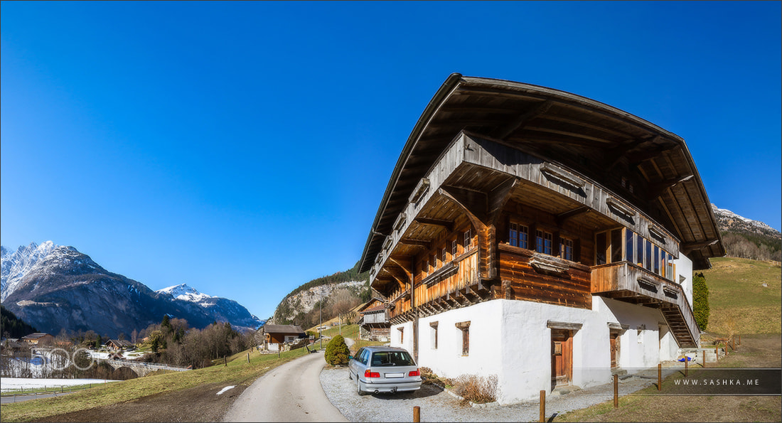 Sony a99 II sample photo. Typical alpine house. switzerland. wide-angle hd-quality panoram photography