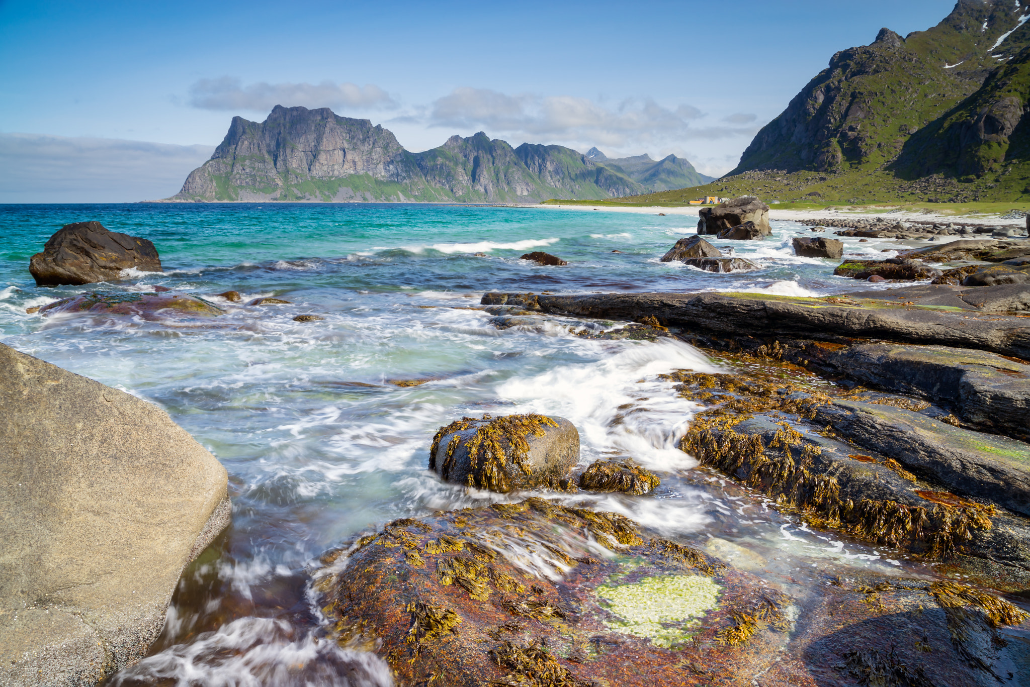 Sony a7R + Sony Vario Tessar T* FE 24-70mm F4 ZA OSS sample photo. Uttakleiv beach on the lofoten in norway in summer photography