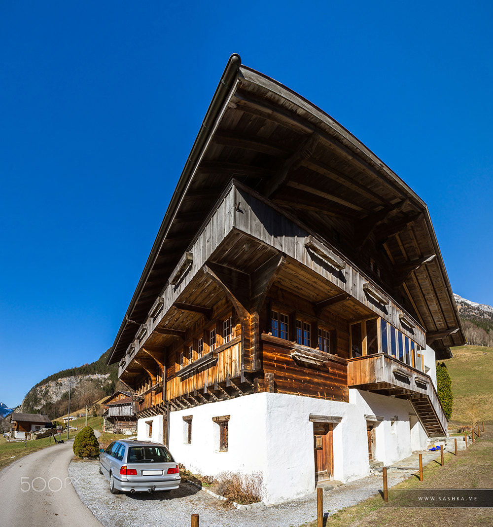 Sony 20mm F2.8 sample photo. Typical alpine house. switzerland. wide-angle hd-quality panoram photography