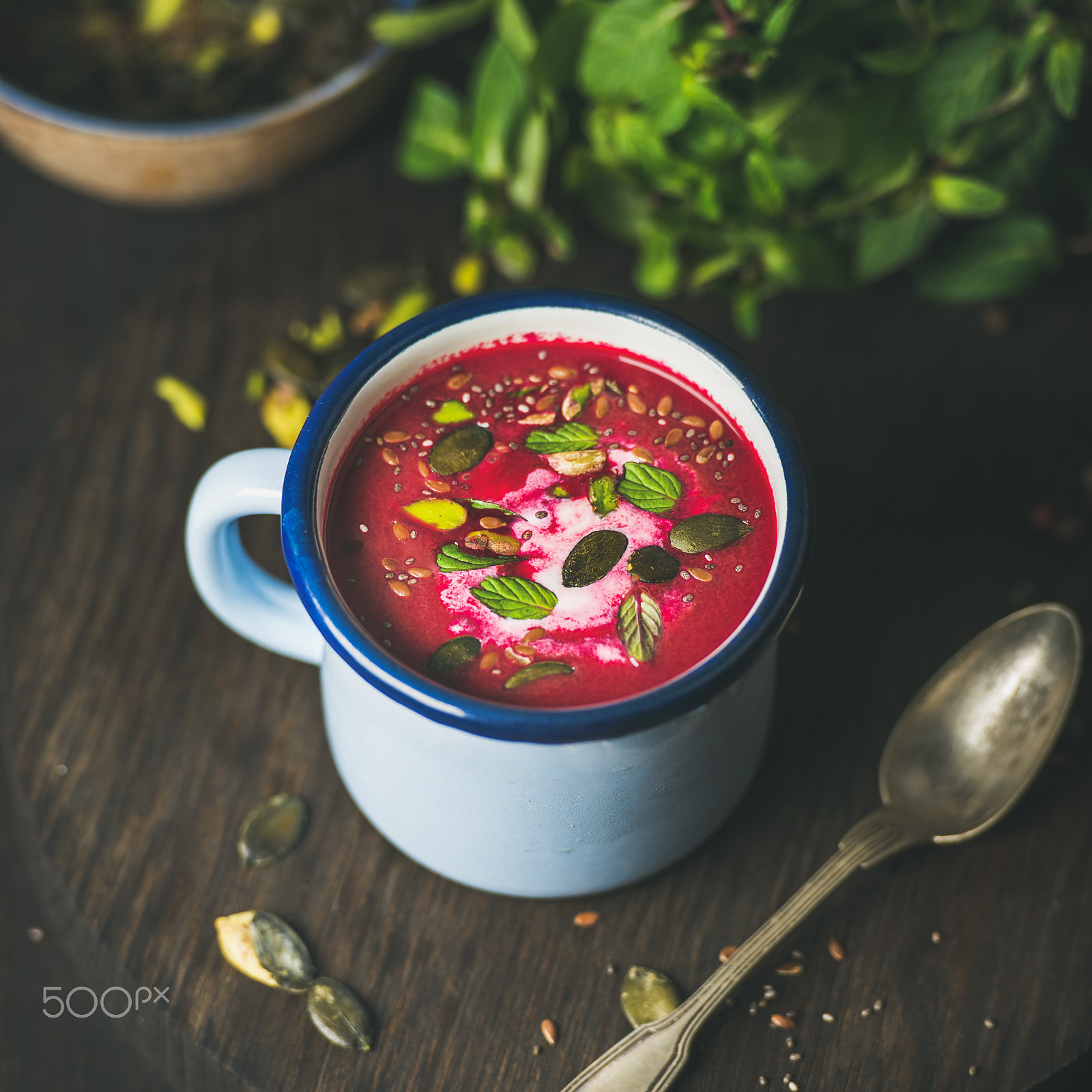 Nikon D610 sample photo. Spring beetroot soup with mint, pistachio, chia, flax, pumpkin seeds photography