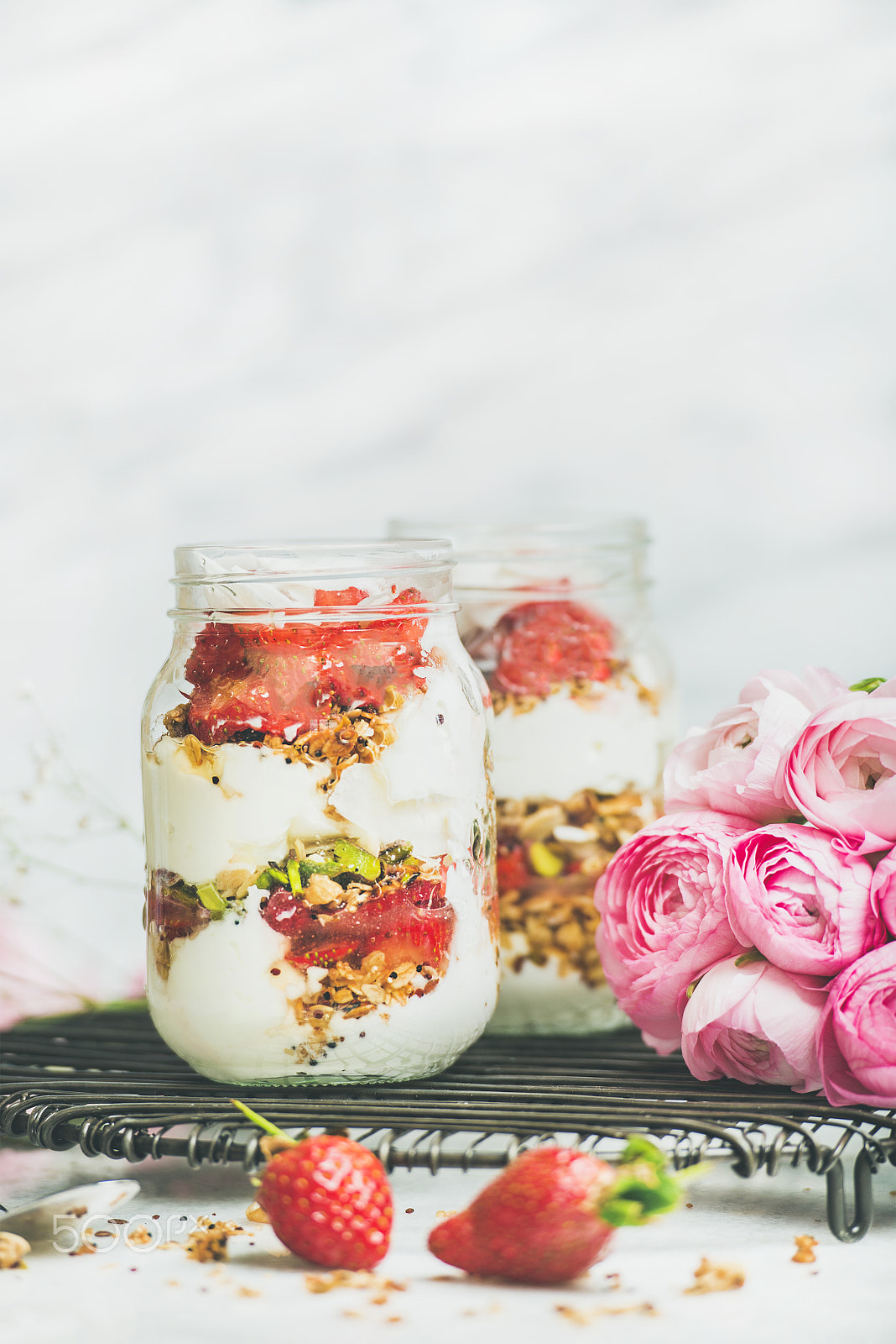 Nikon D610 sample photo. Healthy detox spring breakfast jars with pink raninkulus flowers photography