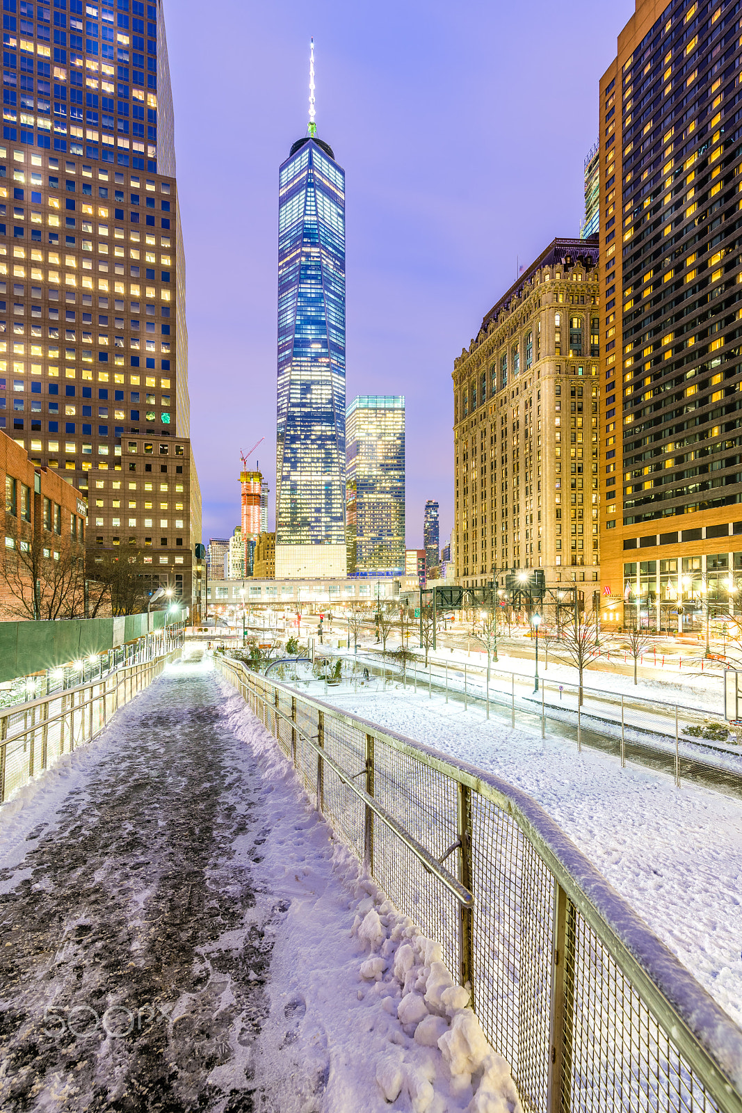 Sony a7R II + Canon EF 300mm f/2.8L sample photo. Snowy night at the world trade center photography