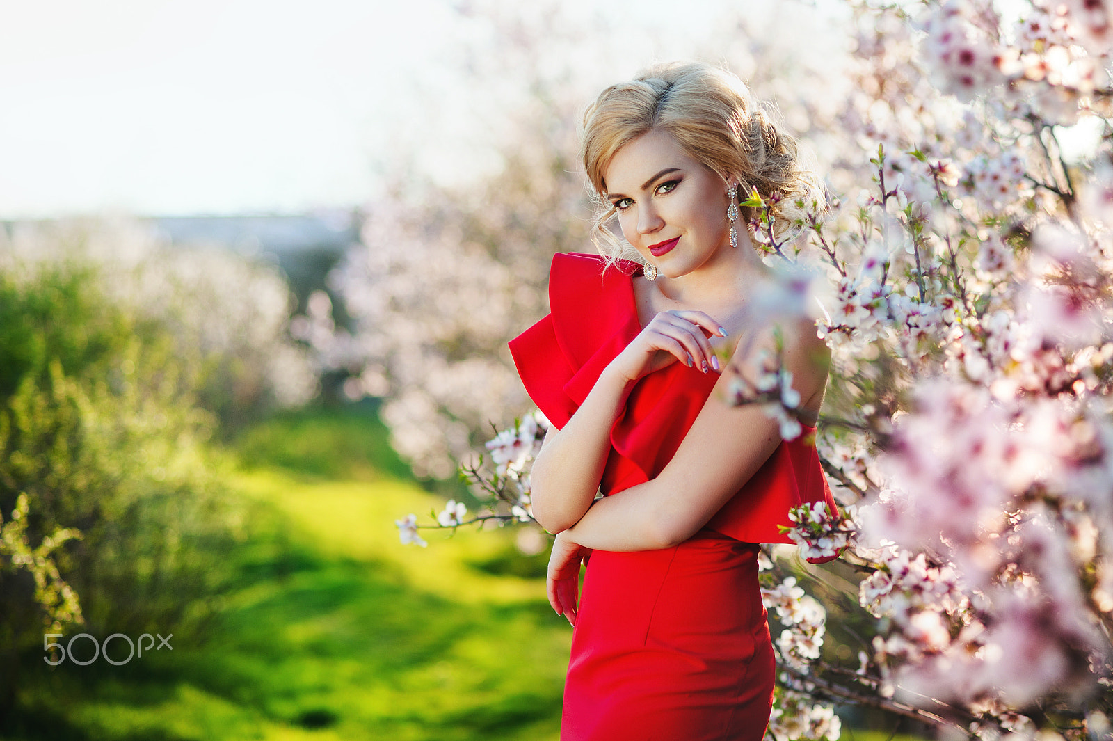 Nikon D700 sample photo. Beautiful young woman in a red dress near the blossoming spring tree photography