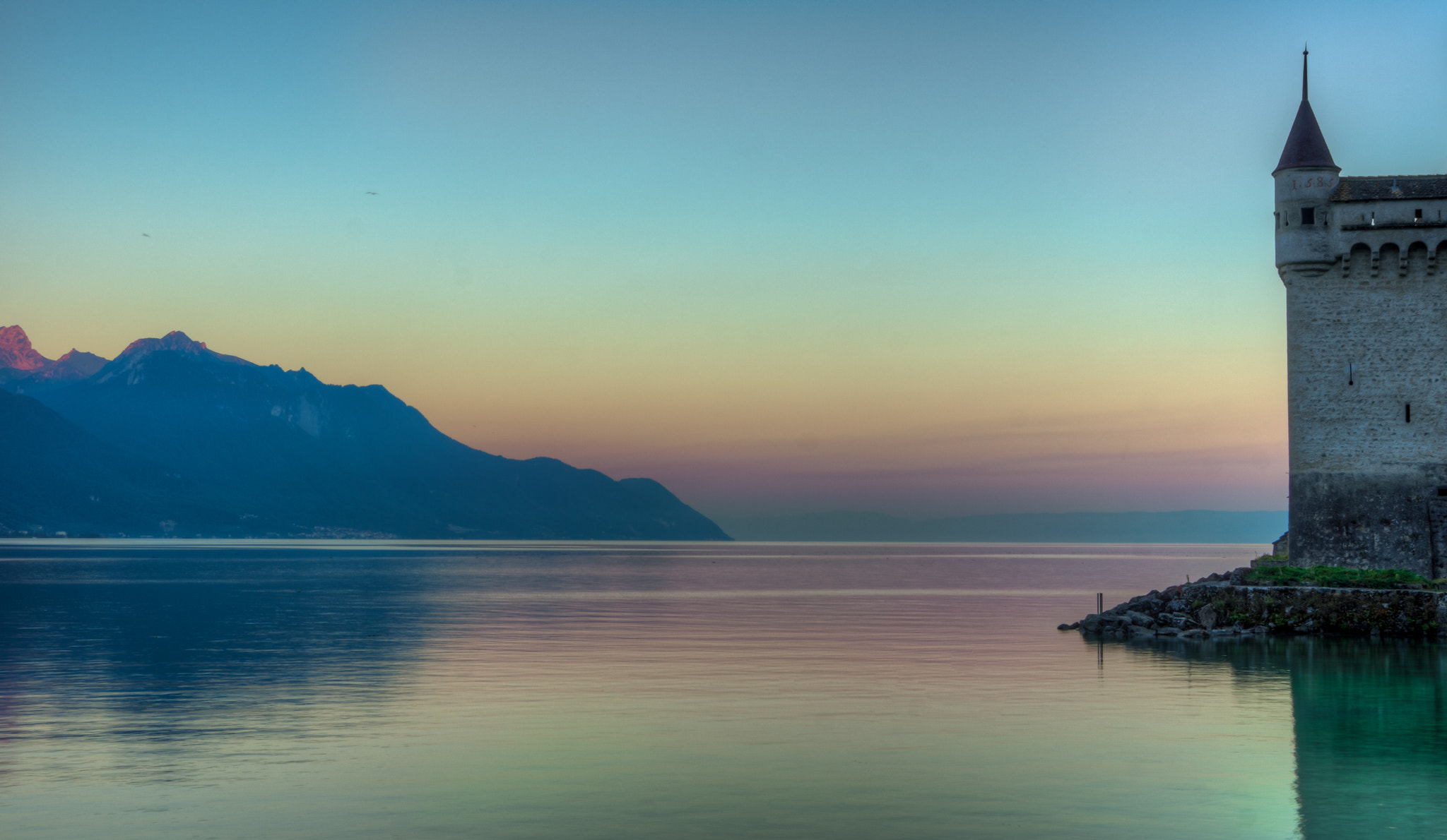 Sony SLT-A77 sample photo. Chillon castle by the lake at sunrise photography