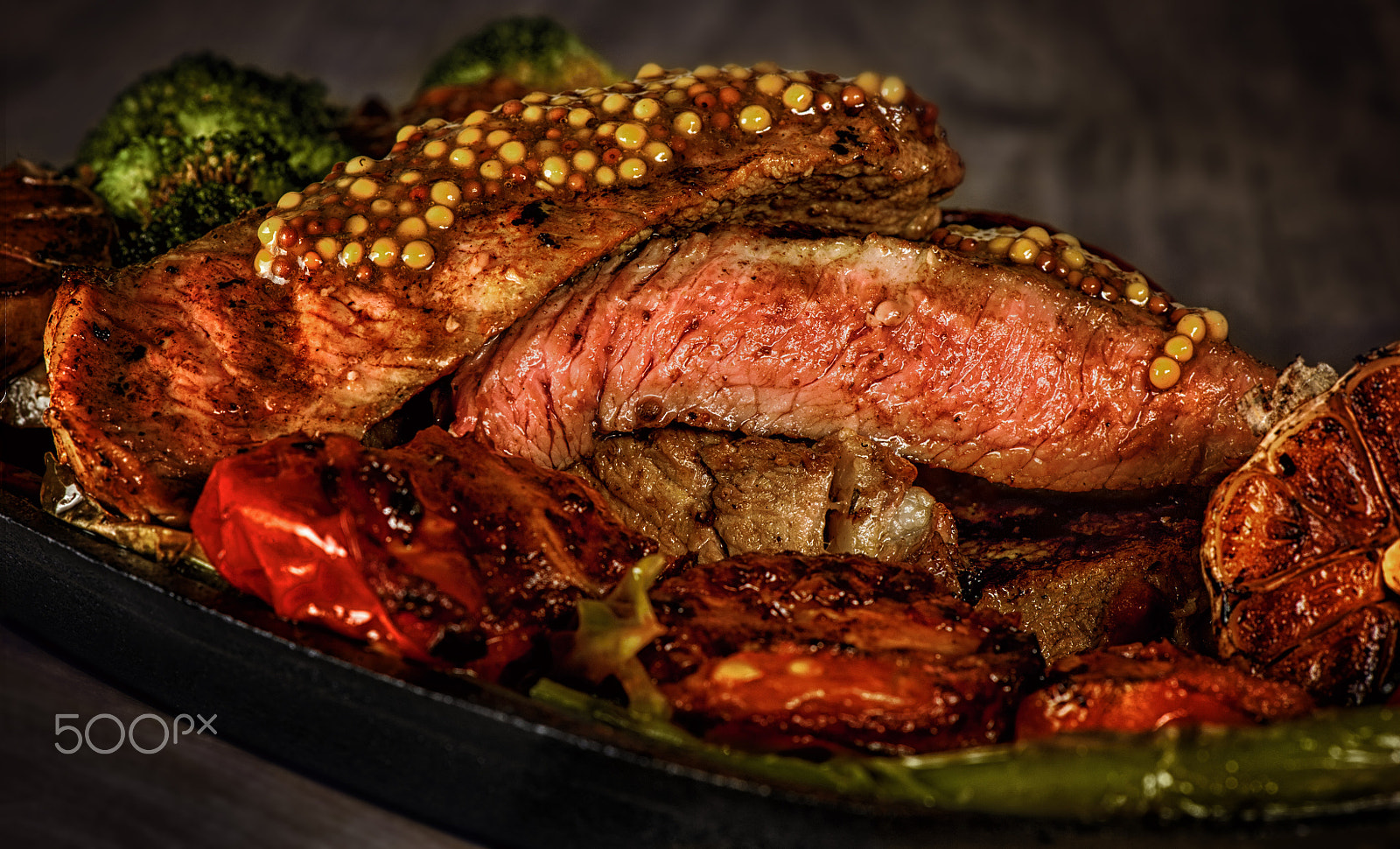Nikon D700 sample photo. Steak rare with the blood, pepper, garlic, tomatoes, broccoli, roasted on the grill, in a frying... photography