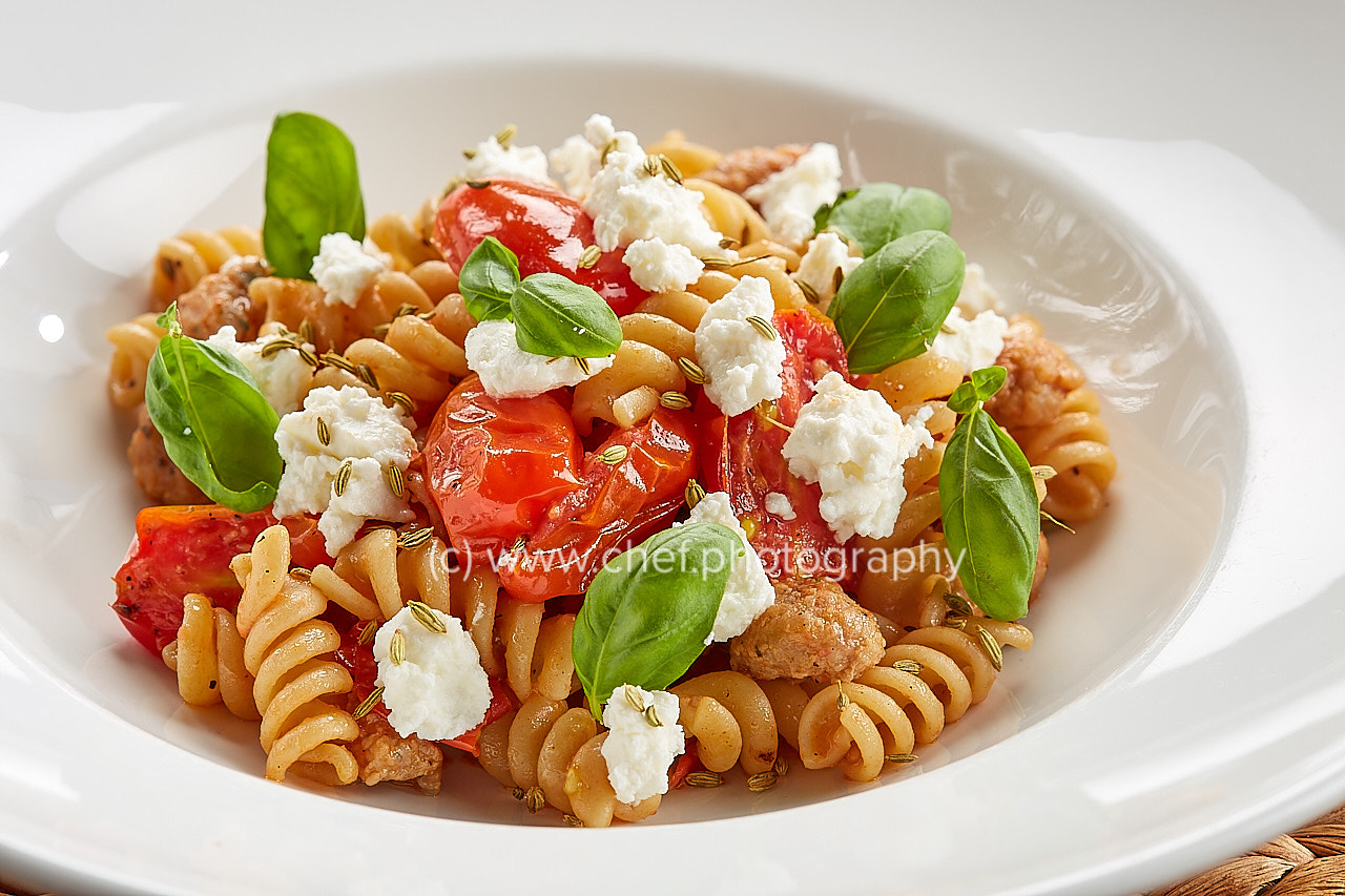 Canon EF 100mm F2.8 Macro USM sample photo. Fusilli with italian sausage ricotta san marzano tomatoes chilli & fennel seeds photography