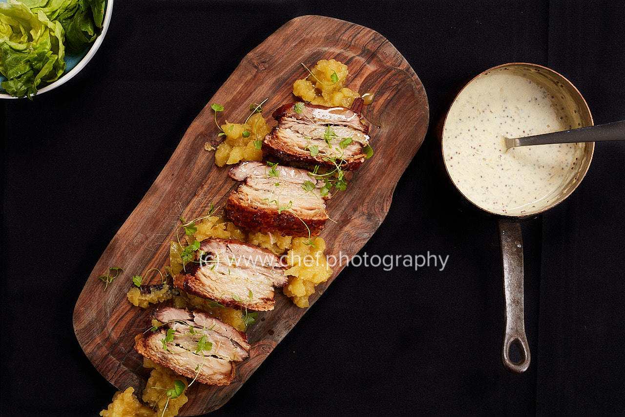 Canon EOS 5DS R sample photo. Pork belly with apple sauce photography