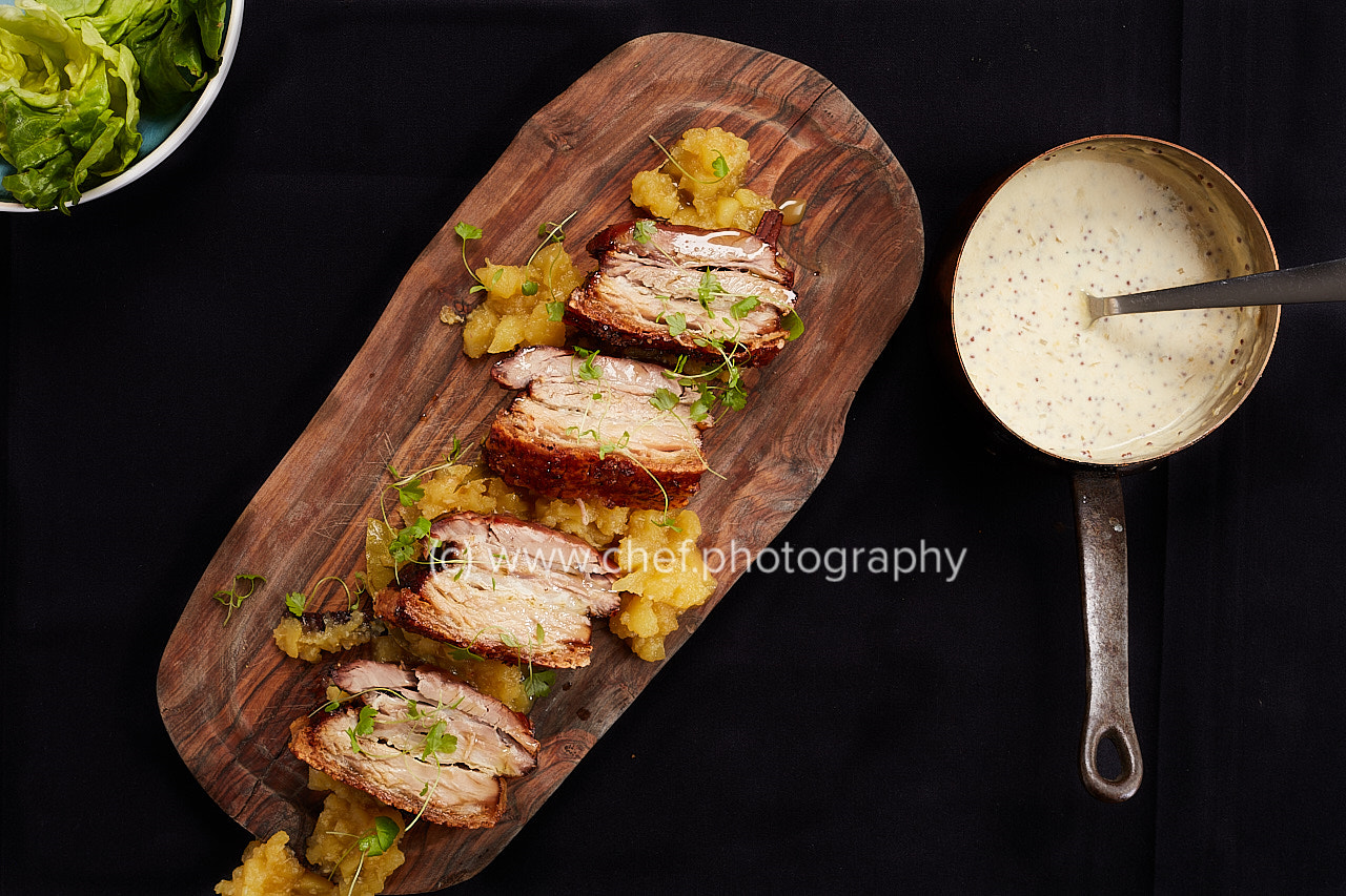 Sigma 50mm F1.4 DG HSM Art sample photo. Pork belly with apple sauce photography