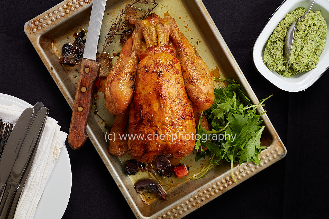 Sigma 50mm F1.4 DG HSM Art sample photo. Roast chicken with broad bean pesto photography