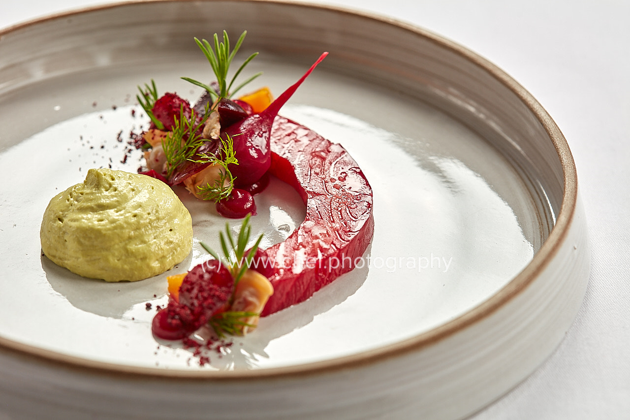 Canon EOS 5DS R + Canon EF 100mm F2.8 Macro USM sample photo. Scottish salmon beetroot cockles wasabi photography