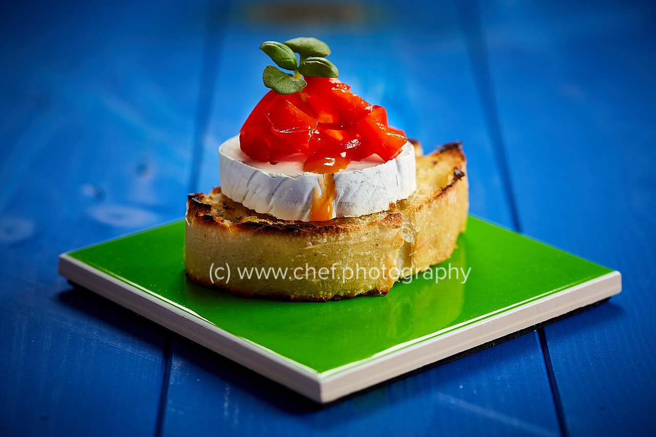 Canon EF 100mm F2.8 Macro USM sample photo. Squires goats cheese red pepper & basil crostini single photography
