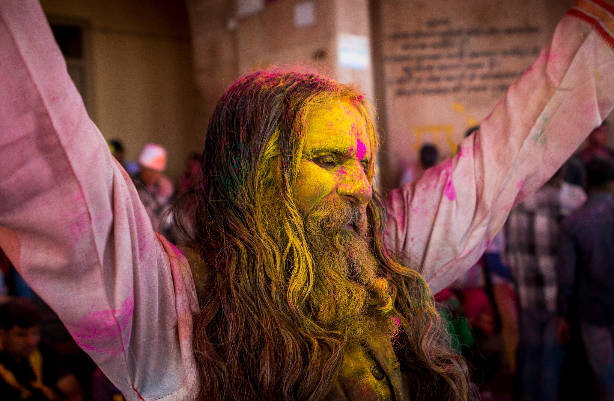 Canon EOS 70D + Canon EF 24-70mm F2.8L USM sample photo. Portrait of a man dwelling in the moment during holi festival in india. photography