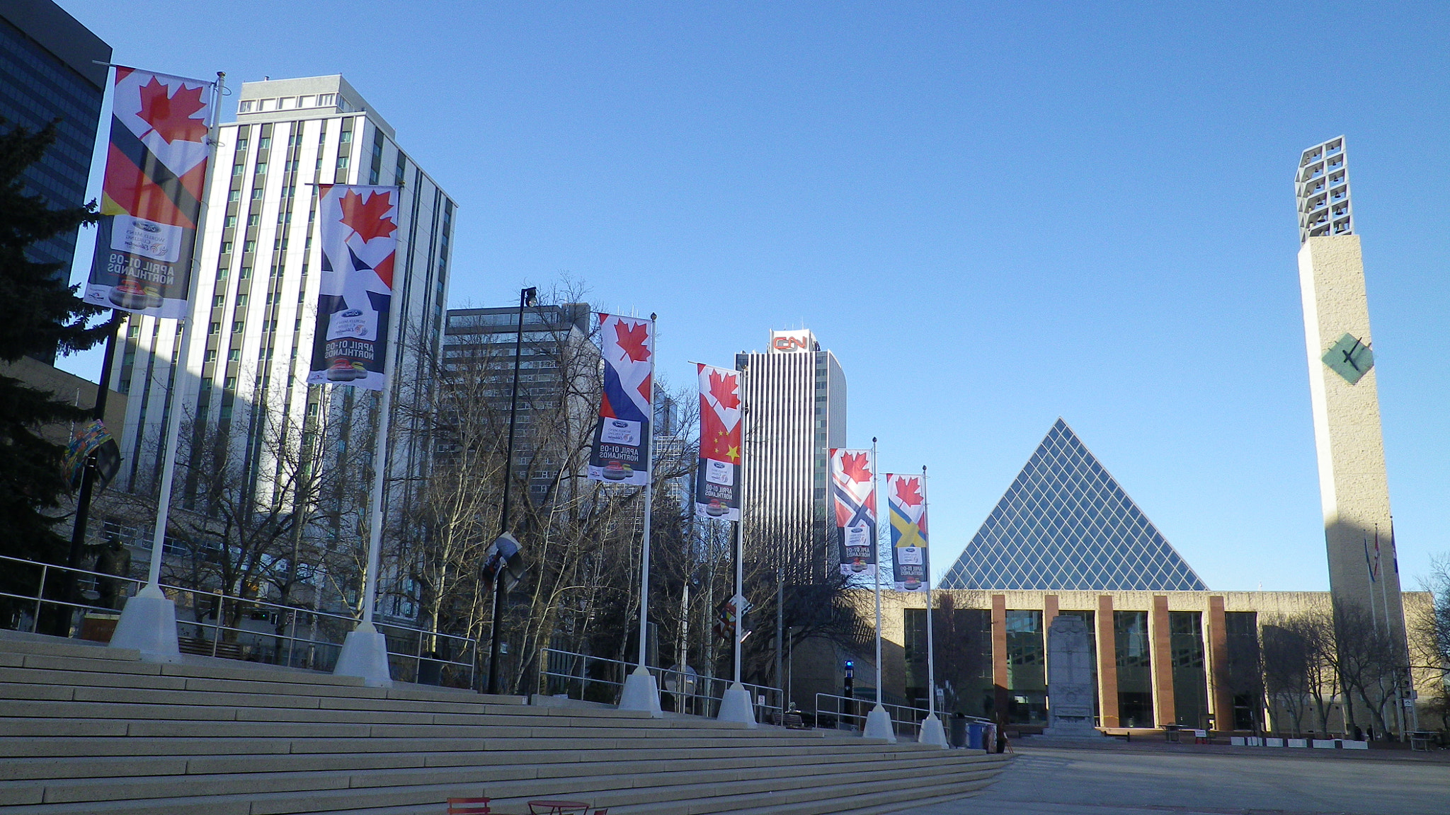 Pentax Optio RZ10 sample photo. Maple leaf flags at chruchill square photography