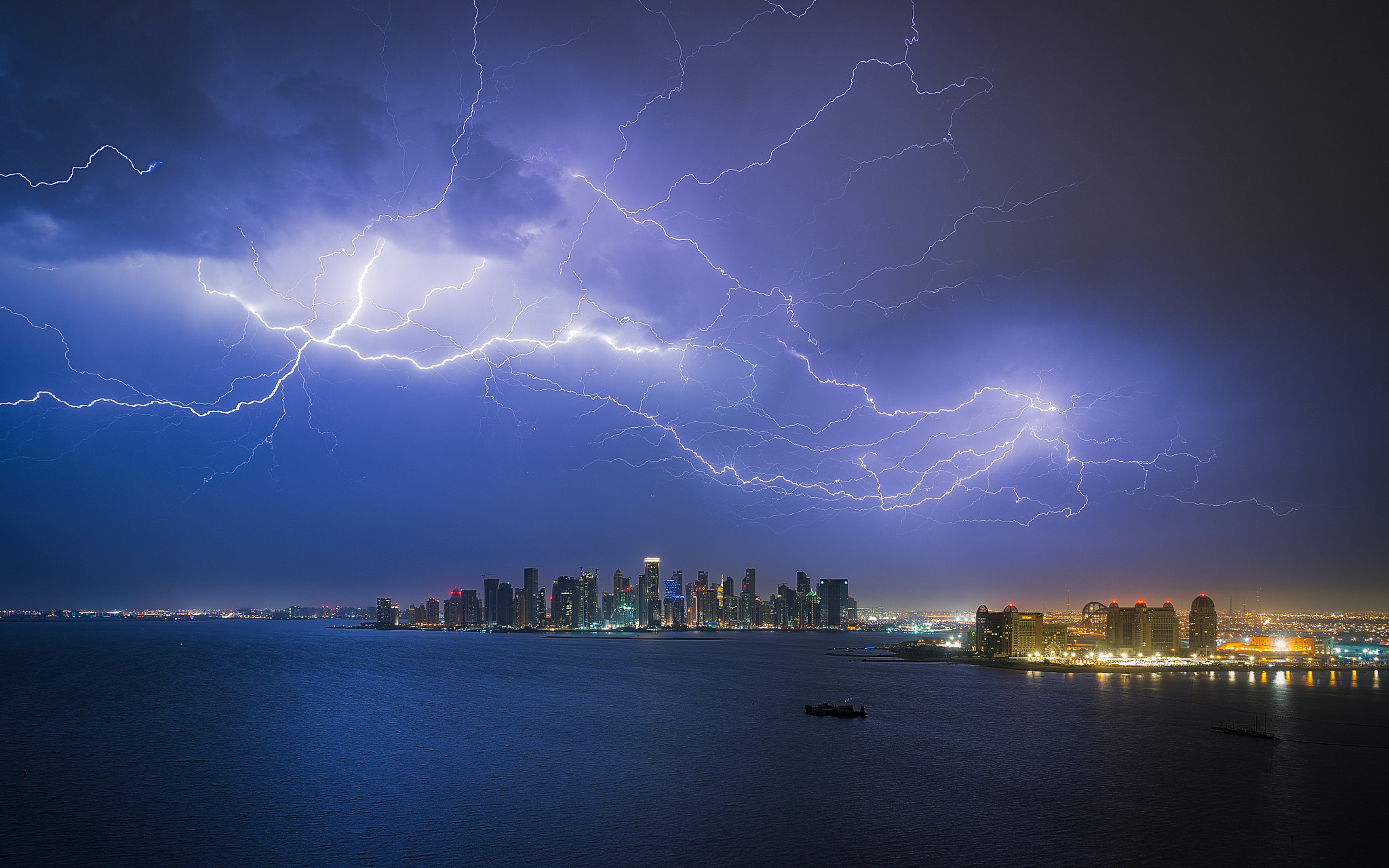 Sony a7R sample photo. Lightning storm over doha photography