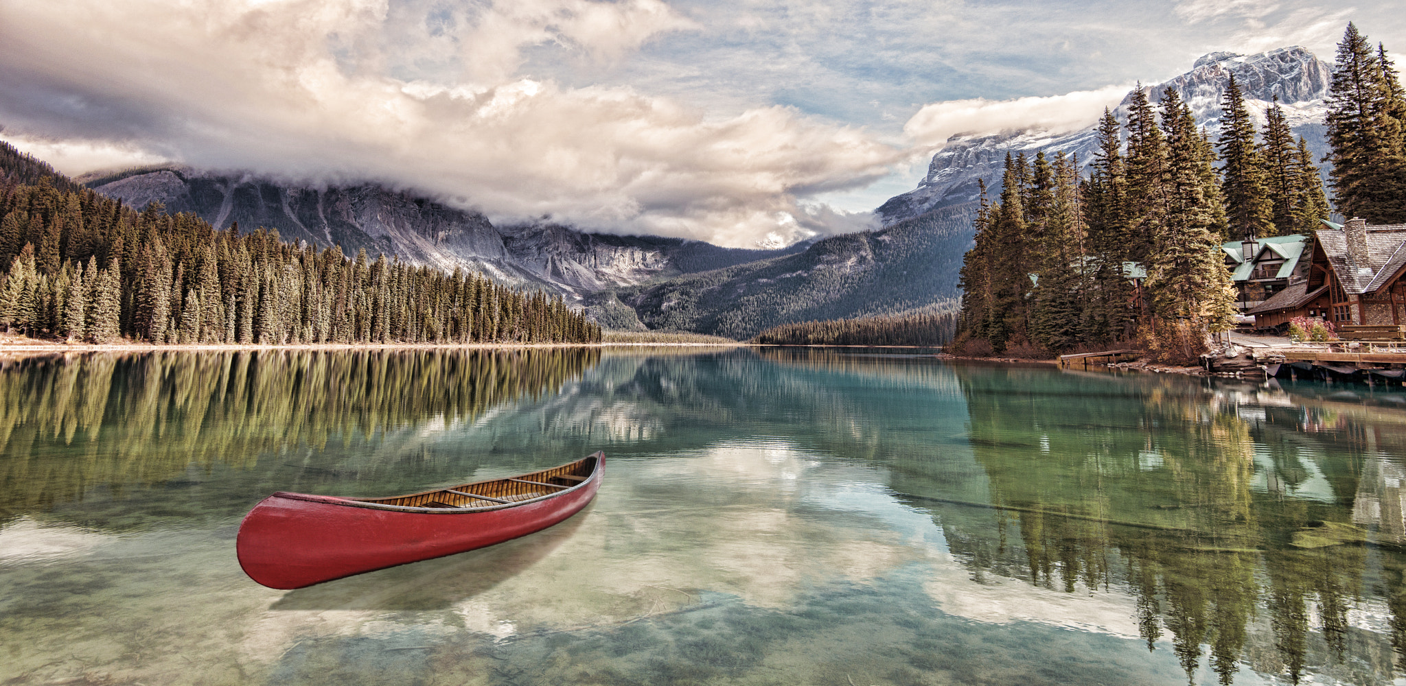 Nikon D800E sample photo. Red canoe on emerald lake photography