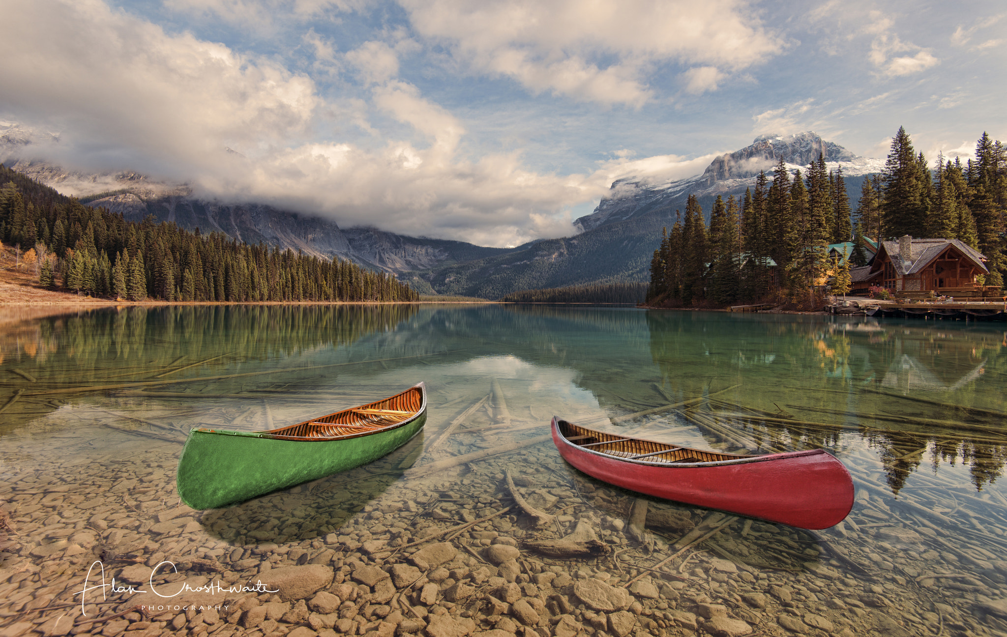 Nikon D800E + Nikon AF-S Nikkor 16-35mm F4G ED VR sample photo. Two canoes on emerald lake photography