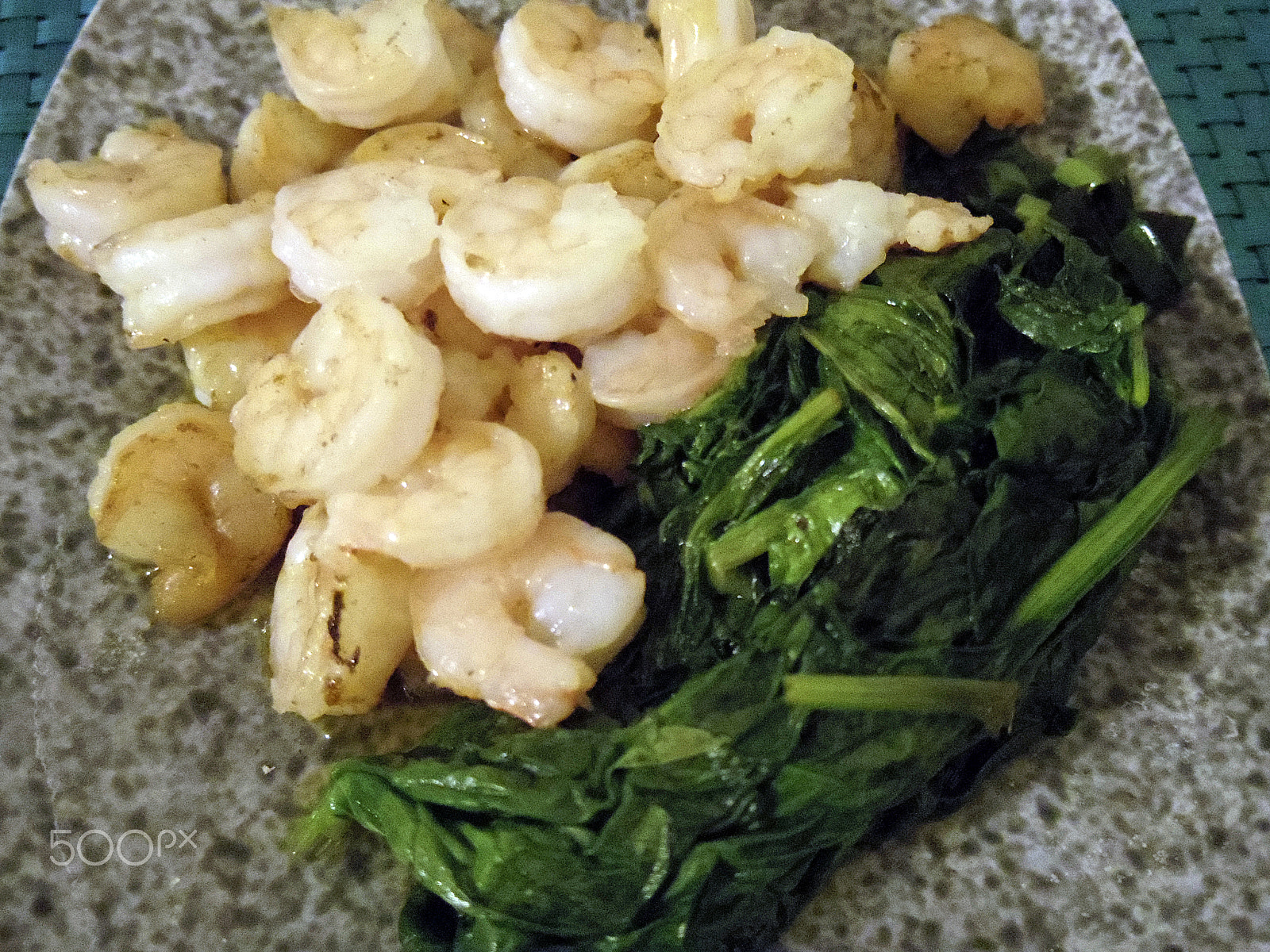 Pentax Q-S1 sample photo. Shrimp and sauteed spinach photography