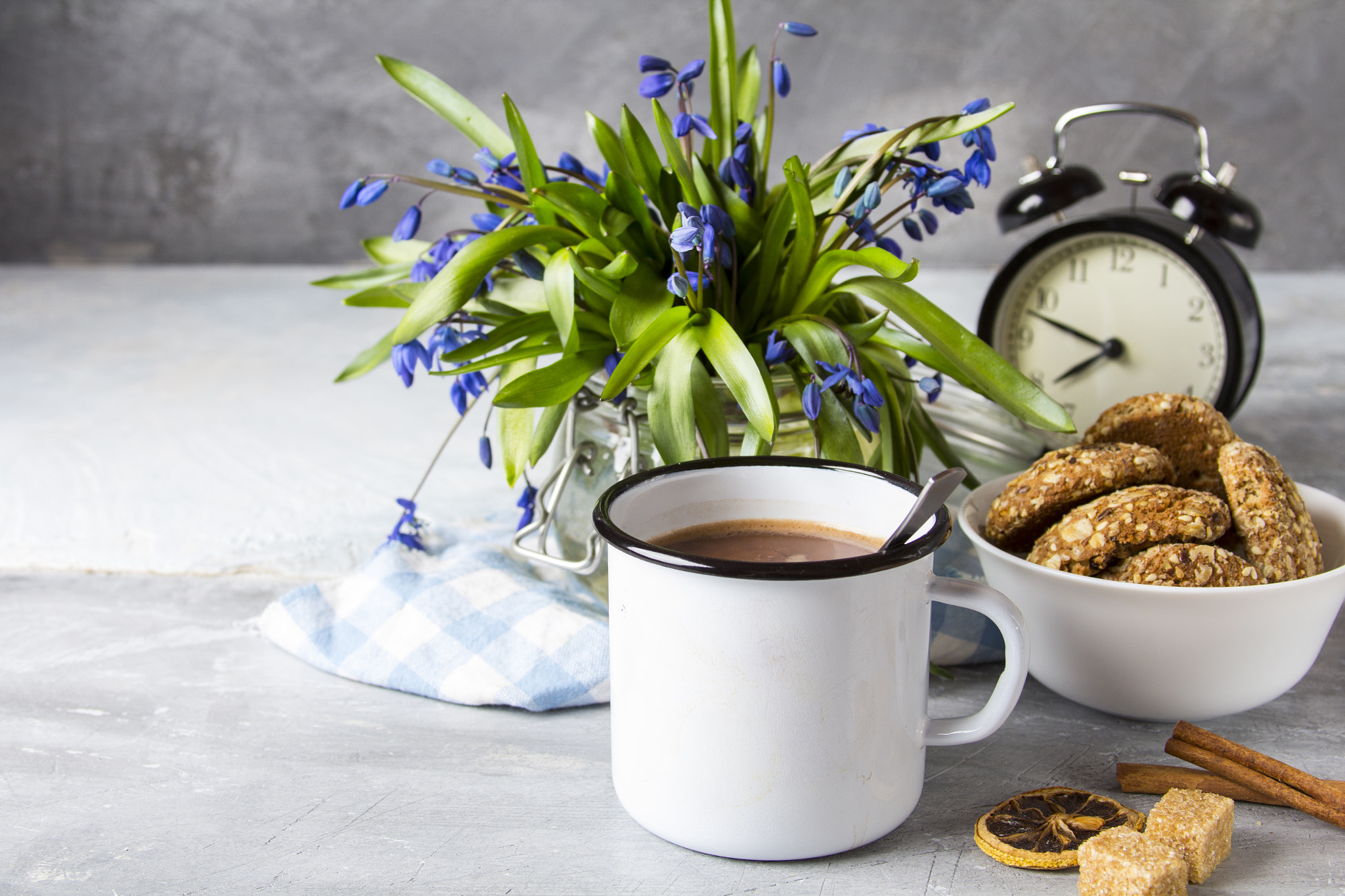 Canon EOS 60D + Canon EF 28-135mm F3.5-5.6 IS USM sample photo. Cocoa mug cookie breakfast morning flowers spring photography