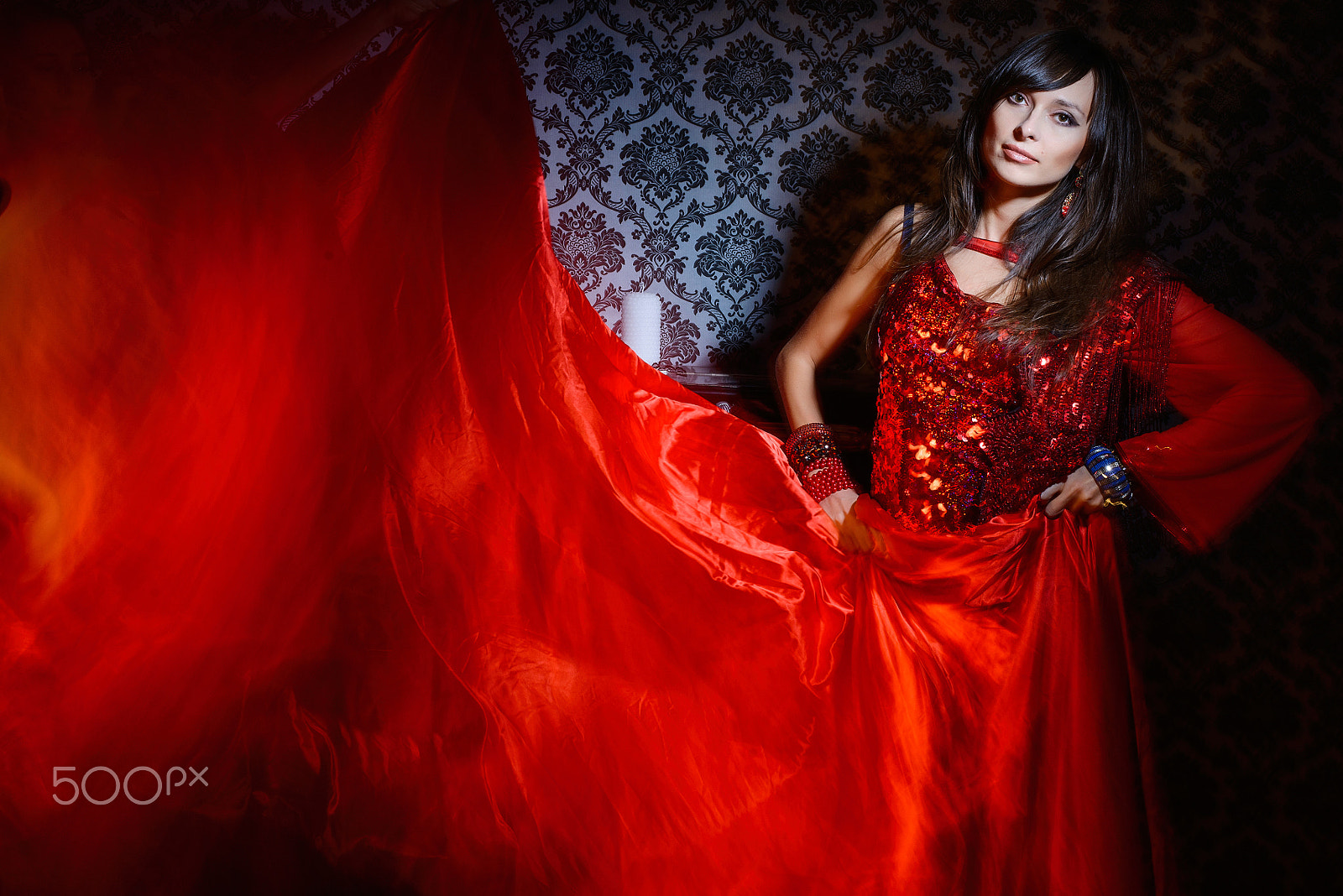 Nikon D800 sample photo. Woman in red waving dress in interior photography