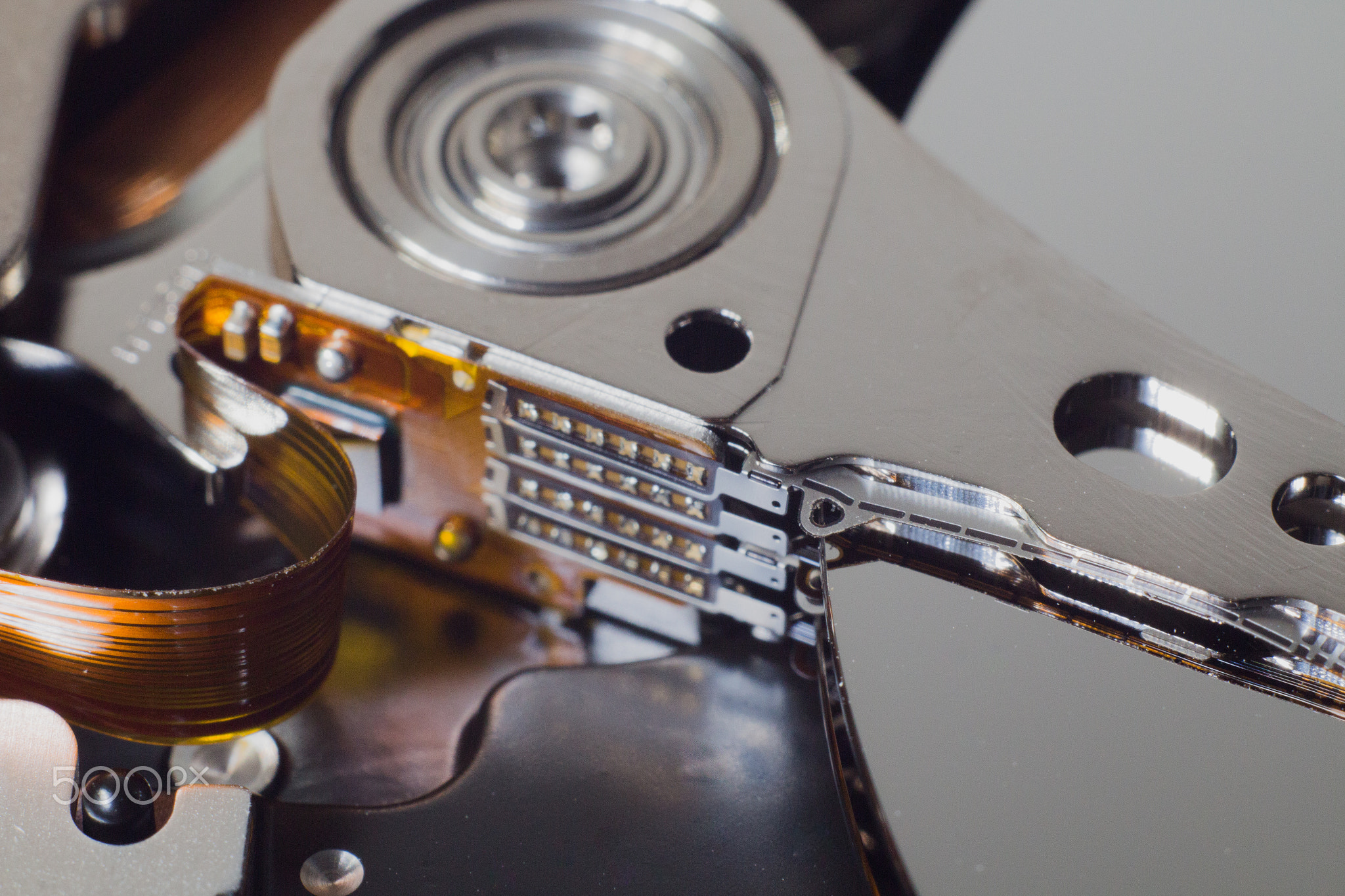 Closeup of an open computer hard drive