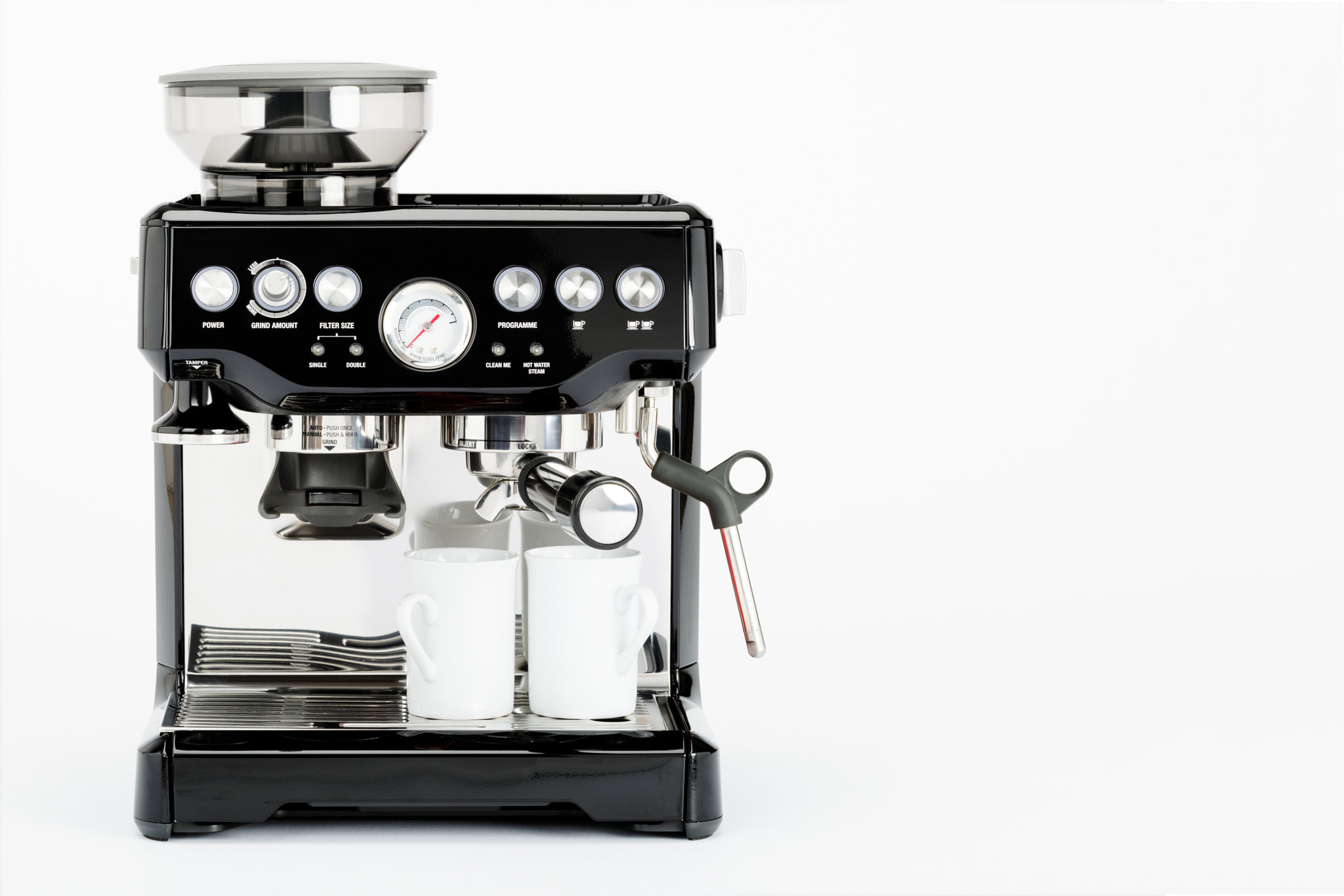 Nikon D810 sample photo. Isolated black manual coffee maker with grinder and coffee mugs on a white background, front view photography